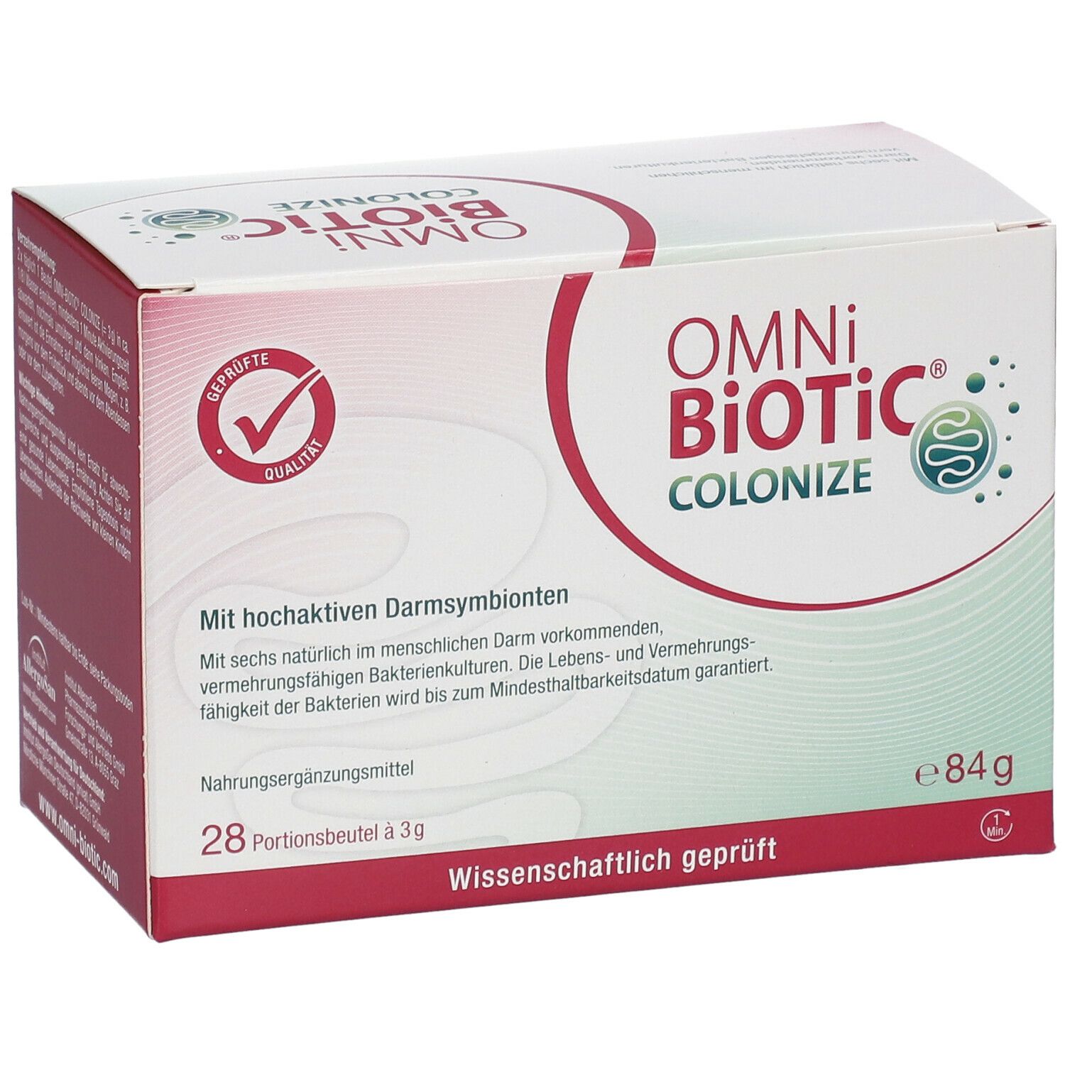 OMNi-BiOTiC COLONIZE Karton. 28 Portionsbeutel. Logo mit Qualitätszertifizierung. Wissenschaftlich geprüft. Weiß und rot.