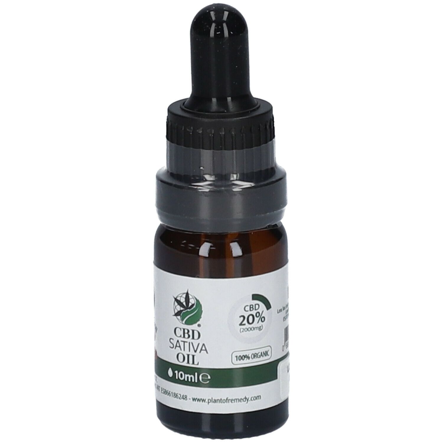 Braune Glasflasche mit schwarzem Verschluss und Pipette. Etikett mit CBD 20%, 100% Organic, CBD Sativa Oil und einem grünen Blatt.