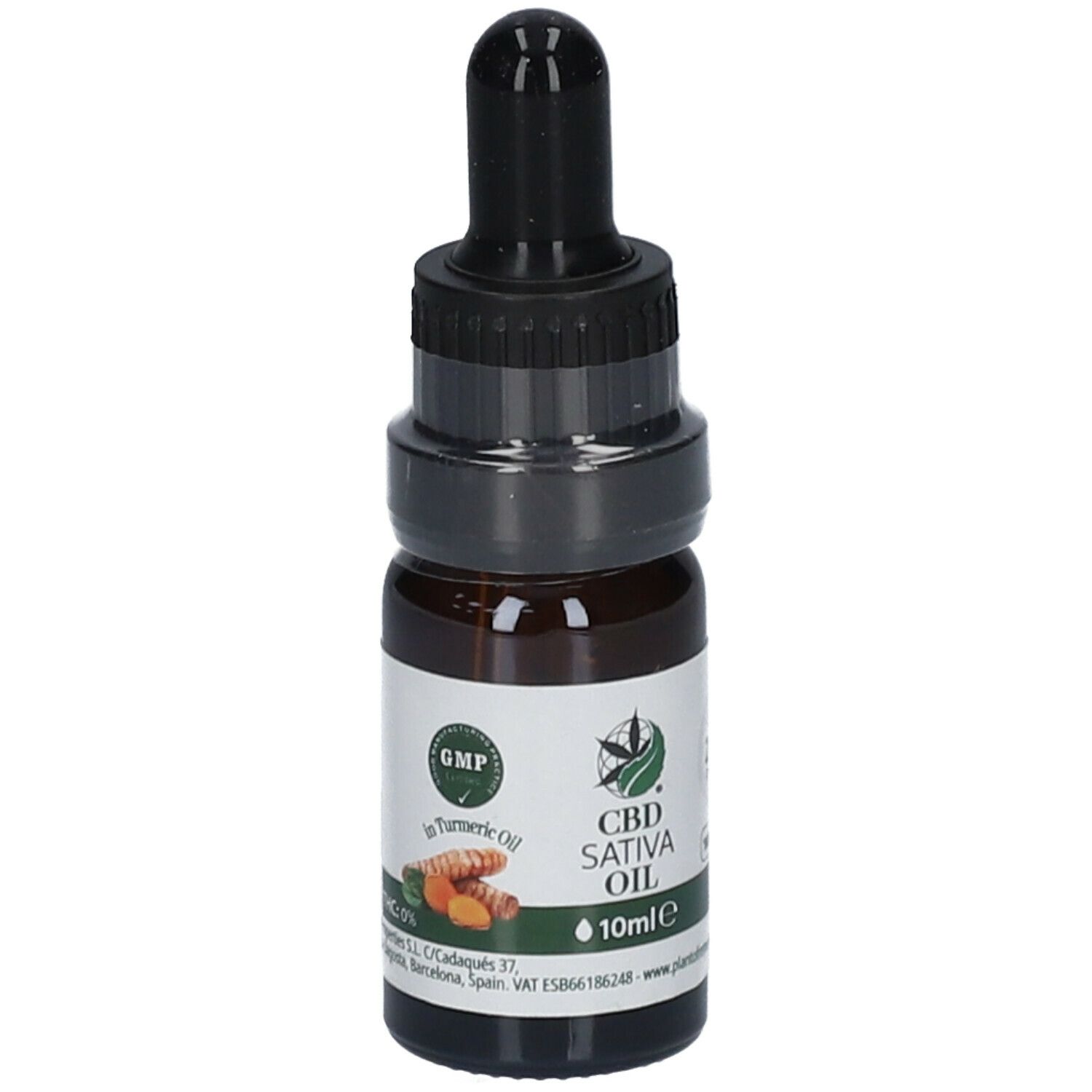 Braune Glasflasche mit schwarzem Verschluss und Pipette. Etikett mit GMP-Siegel, CBD Sativa Oil, 10ml und Kurkuma-Abbildung.