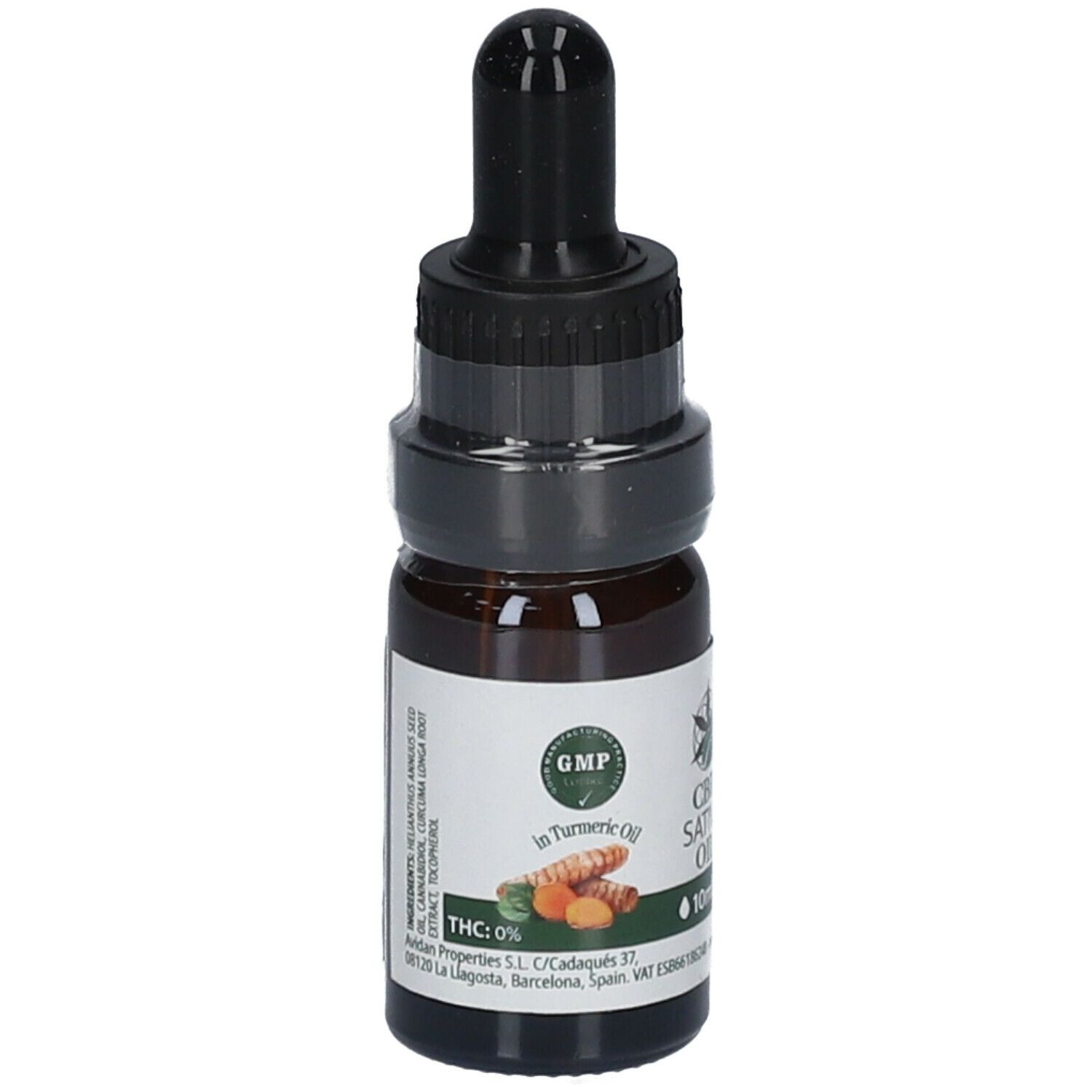 Braune Glasflasche mit schwarzem Verschluss und Pipette. Etikett mit GMP-Siegel, CBD Sativa Oil, 10ml und Kurkuma-Abbildung.