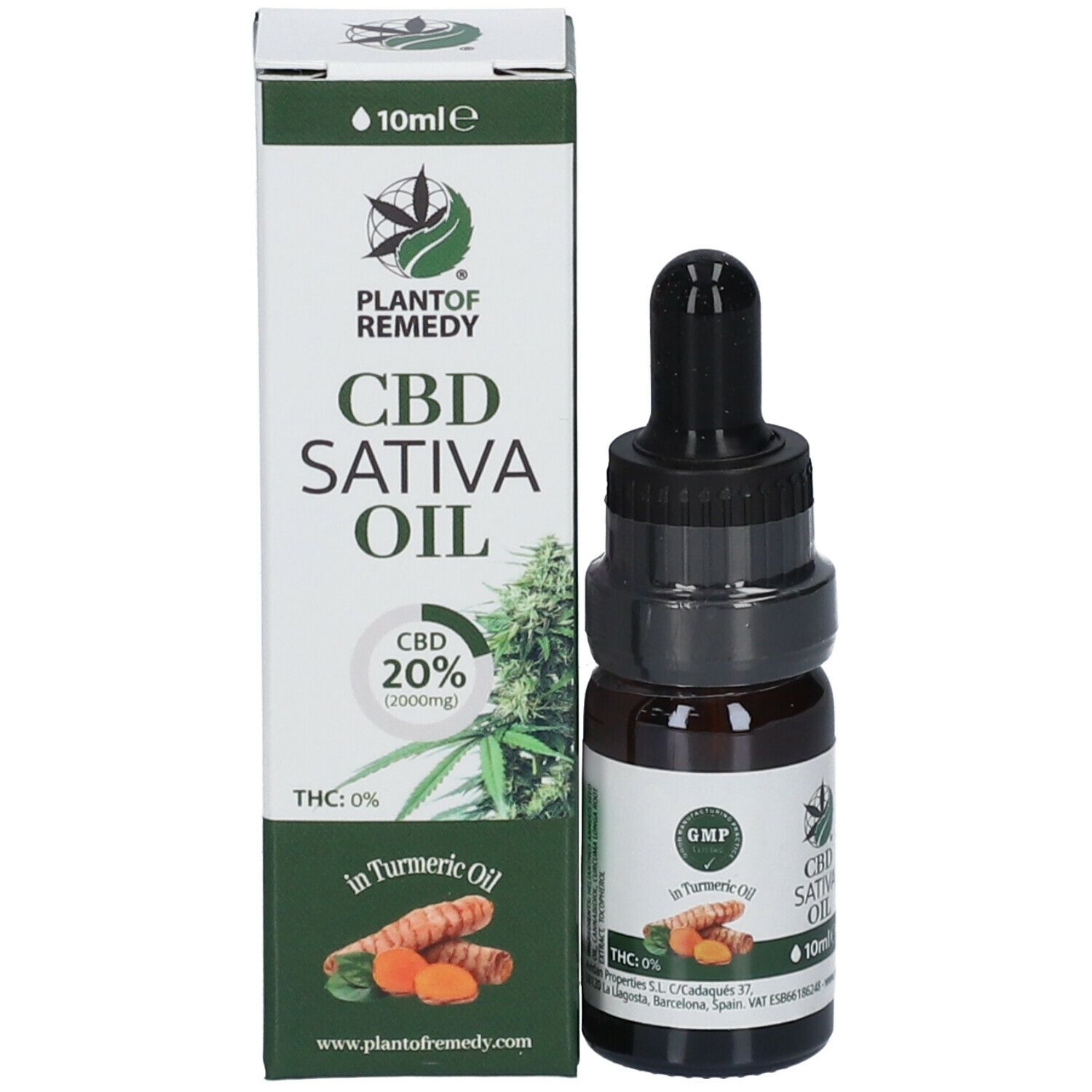 Produktverpackung mit Flasche und Karton. Auf dem Karton: CBD Sativa Oil, CBD 20%, 10ml und Kurkuma-Abbildung.