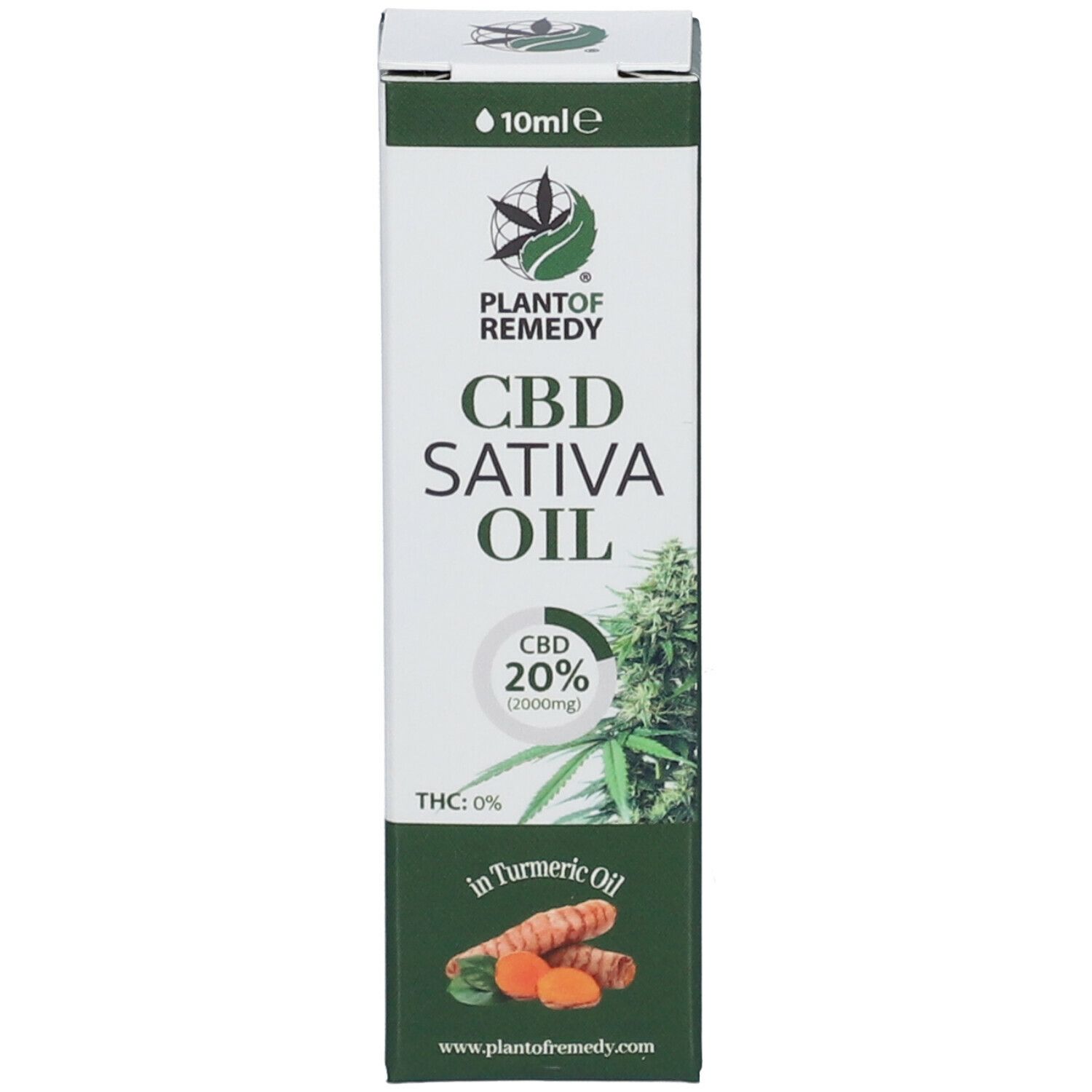 Produktverpackung. Auf der Verpackung: CBD Sativa Oil, CBD 20%, 10ml und Kurkuma-Abbildung.