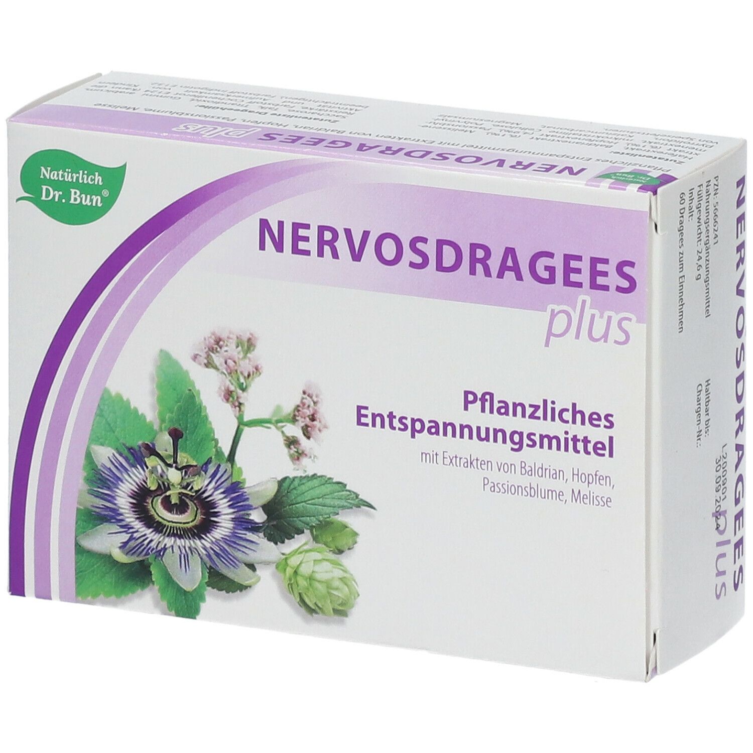 Schachtel NERVOSDRAGEES plus. Pflanzliches Entspannungsmittel. Mit Baldrian, Hopfen, Passionsblume, Melisse. Grün-lila Design.