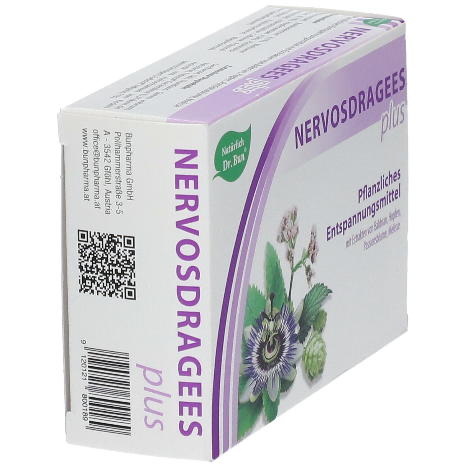 Schachtel NERVOSDRAGEES plus. Seitenansicht. Produktname und Logo. Barcode und Kontaktinformationen. Grün-lila Design.