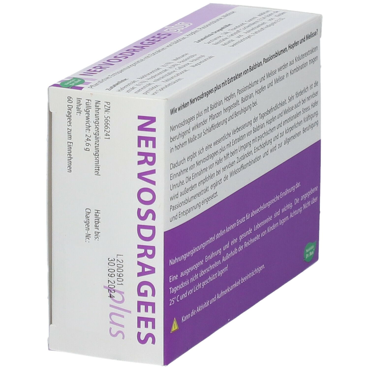 Schachtel NERVOSDRAGEES plus. Seitenansicht mit Text. Haltbarkeit 30.09.2024. Grün-lila Design. 60 Dragees.