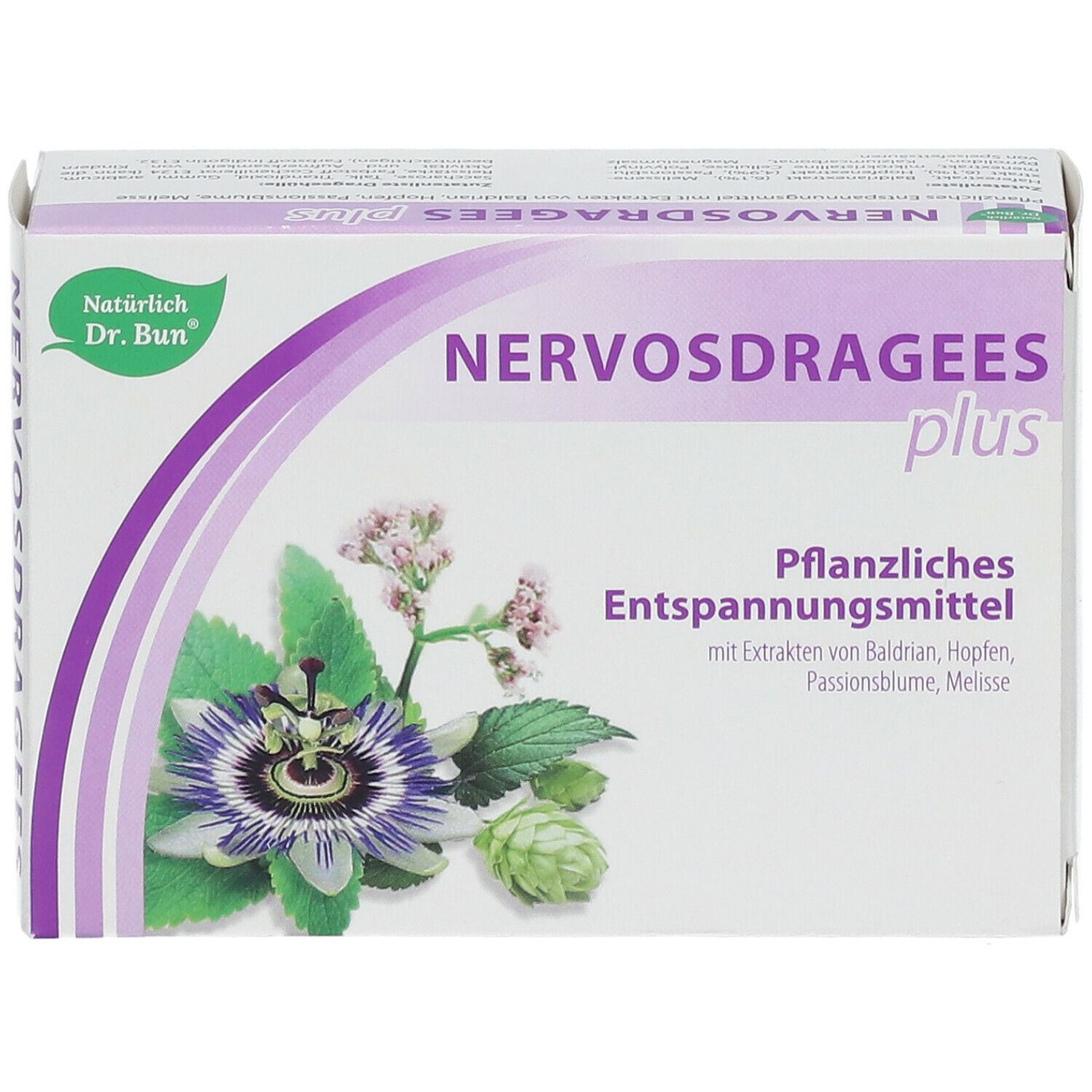 Schachtel NERVOSDRAGEES plus. Vorderansicht. Pflanzliches Entspannungsmittel. Grün-lila Design. Mit Baldrian, Hopfen, Melisse.