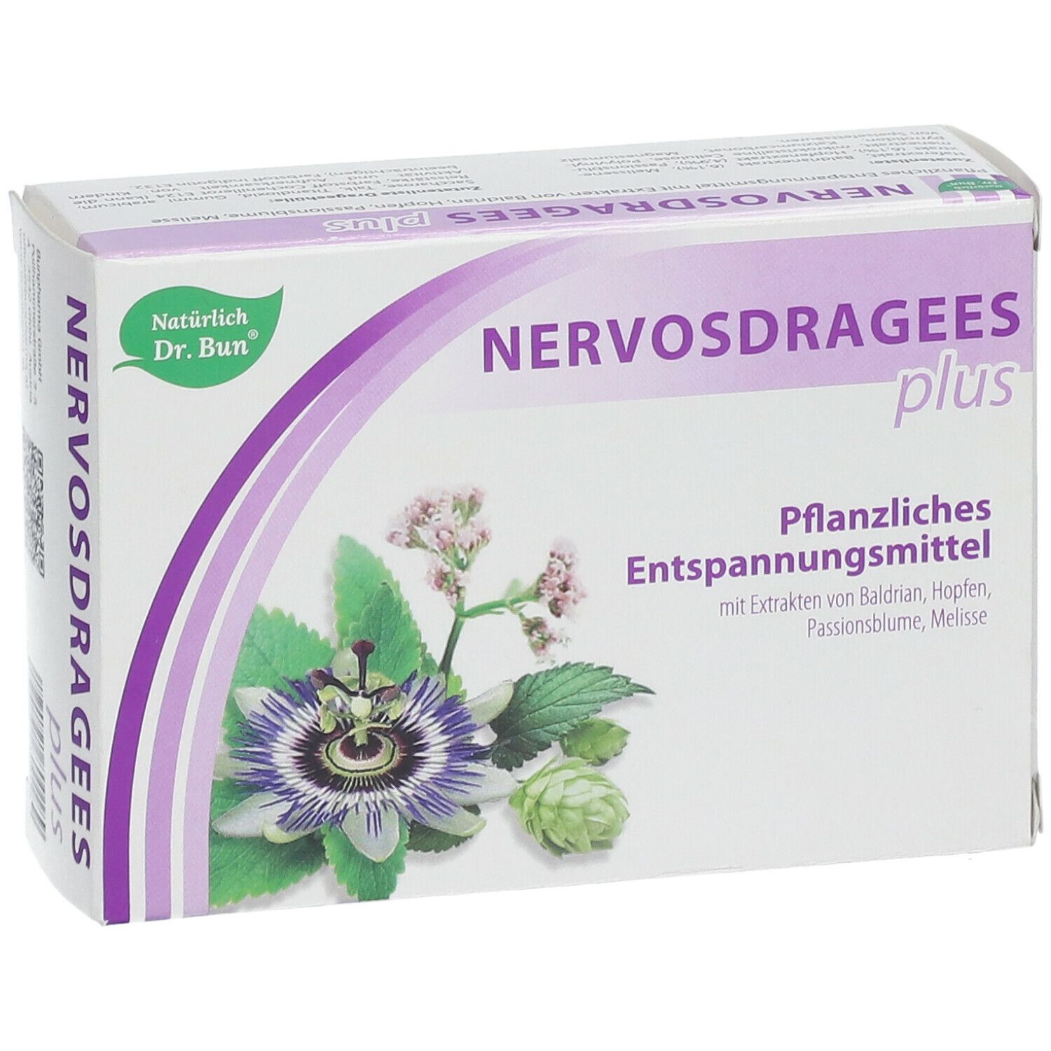 Schachtel NERVOSDRAGEES plus. Vorderansicht. Pflanzliches Entspannungsmittel. Grün-lila Design. Mit Baldrian, Hopfen, Melisse.