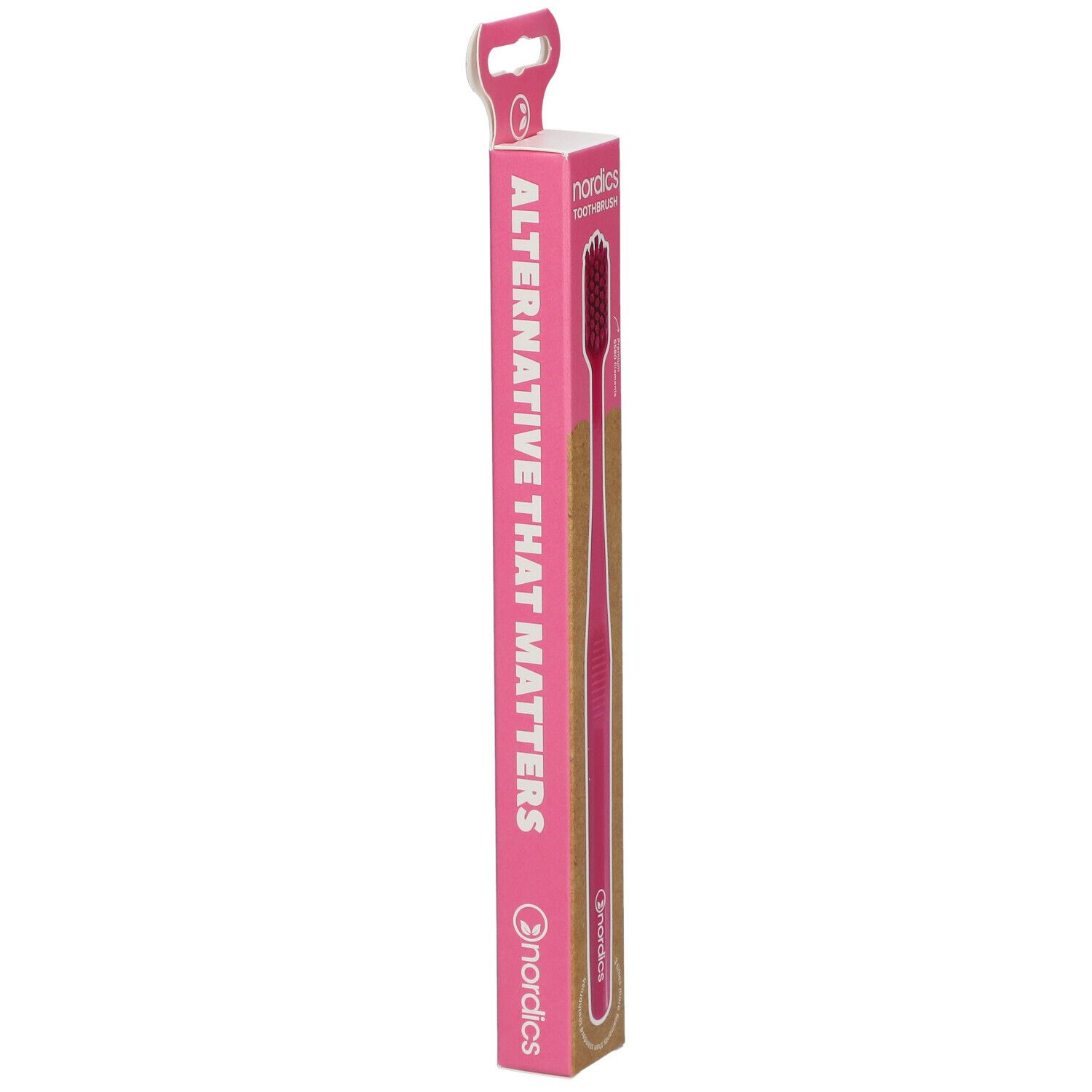 Verpackung mit rosa Zahnbürste. Aufdruck: nordics, ALTERNATIVE THAT MATTERS. Zahnbürste rosa. Verpackung mit Aufhänger.