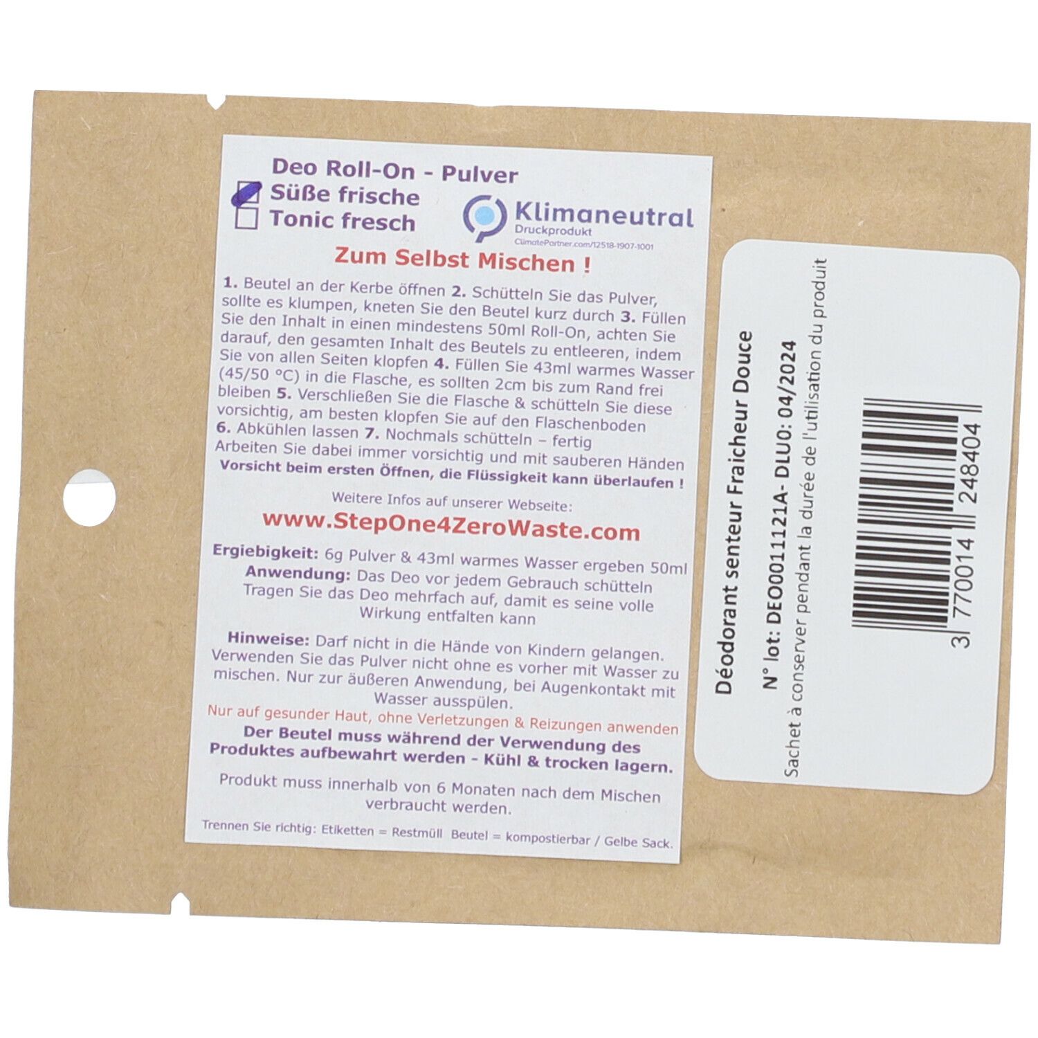 Beutel mit Text und Barcode. Aufschrift: Deo Roll-On Pulver Süße Frische. Enthält 6g Pulver für 43ml Wasser.