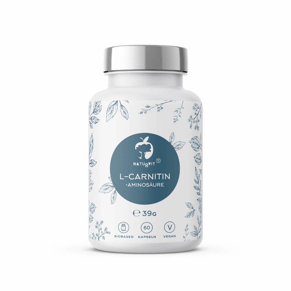 Flacon blanc à bouchon argenté. Inscription: NATURVIT® L-CARNITINE, Acide aminé. 60 gélules, 39g. Végétalien et biosourcé.