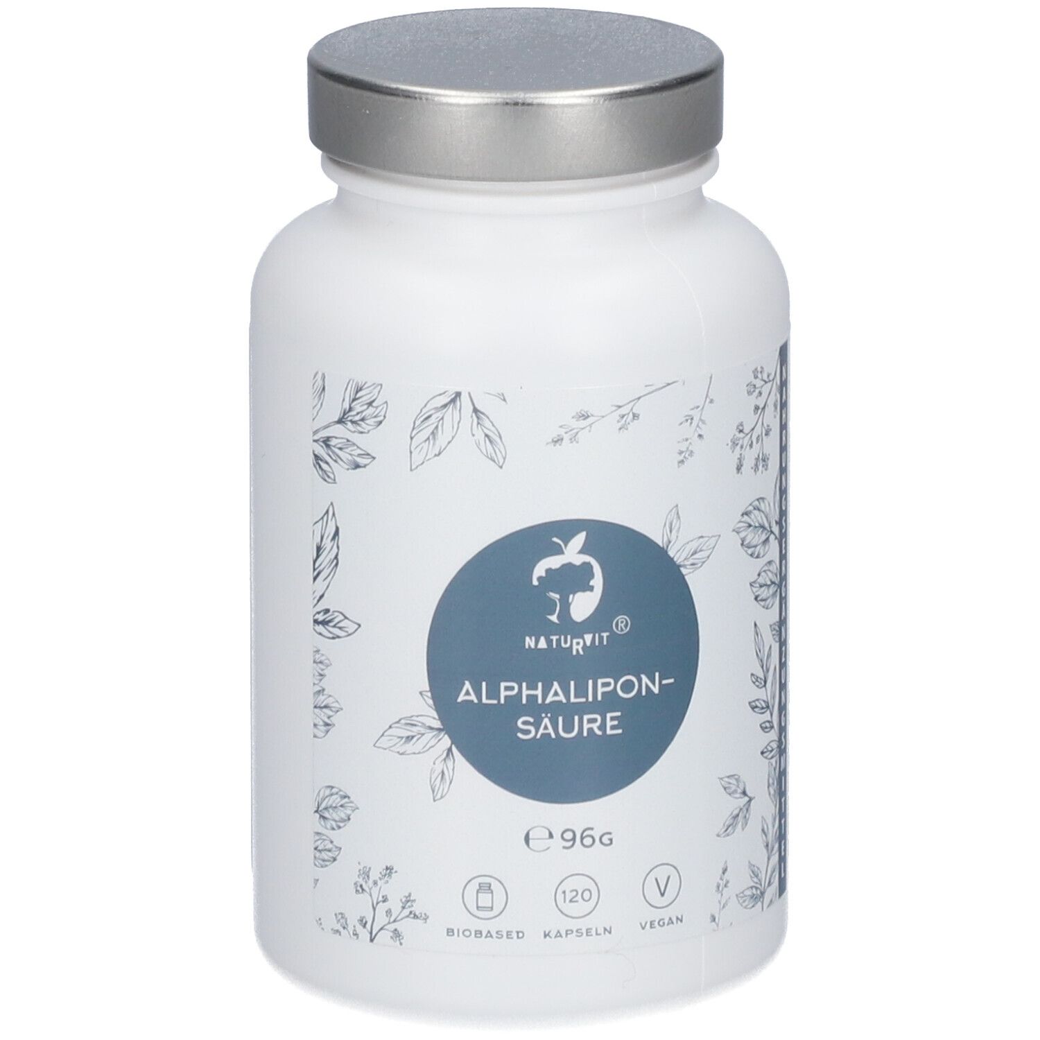 Weiße Flasche mit silbernem Deckel. Aufschrift: NATURVIT® ALPHALIPONSÄURE. Blaue Kreise mit Logos und Text. 120 Kapseln, vegan.
