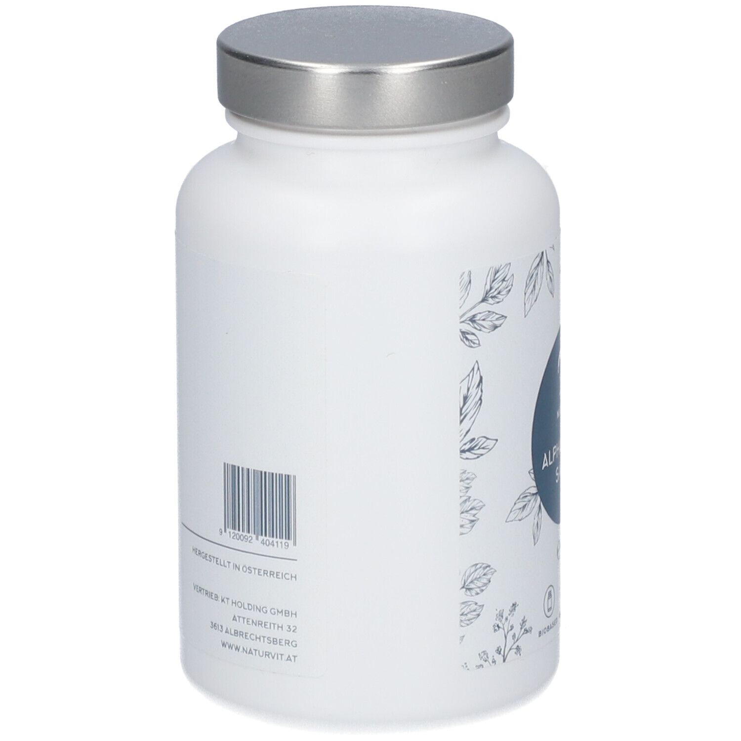 Weiße Flasche, Seitenansicht. Barcode und Text. Hergestellt in Österreich. NATURVIT® Logo und Blätter-Dekor.