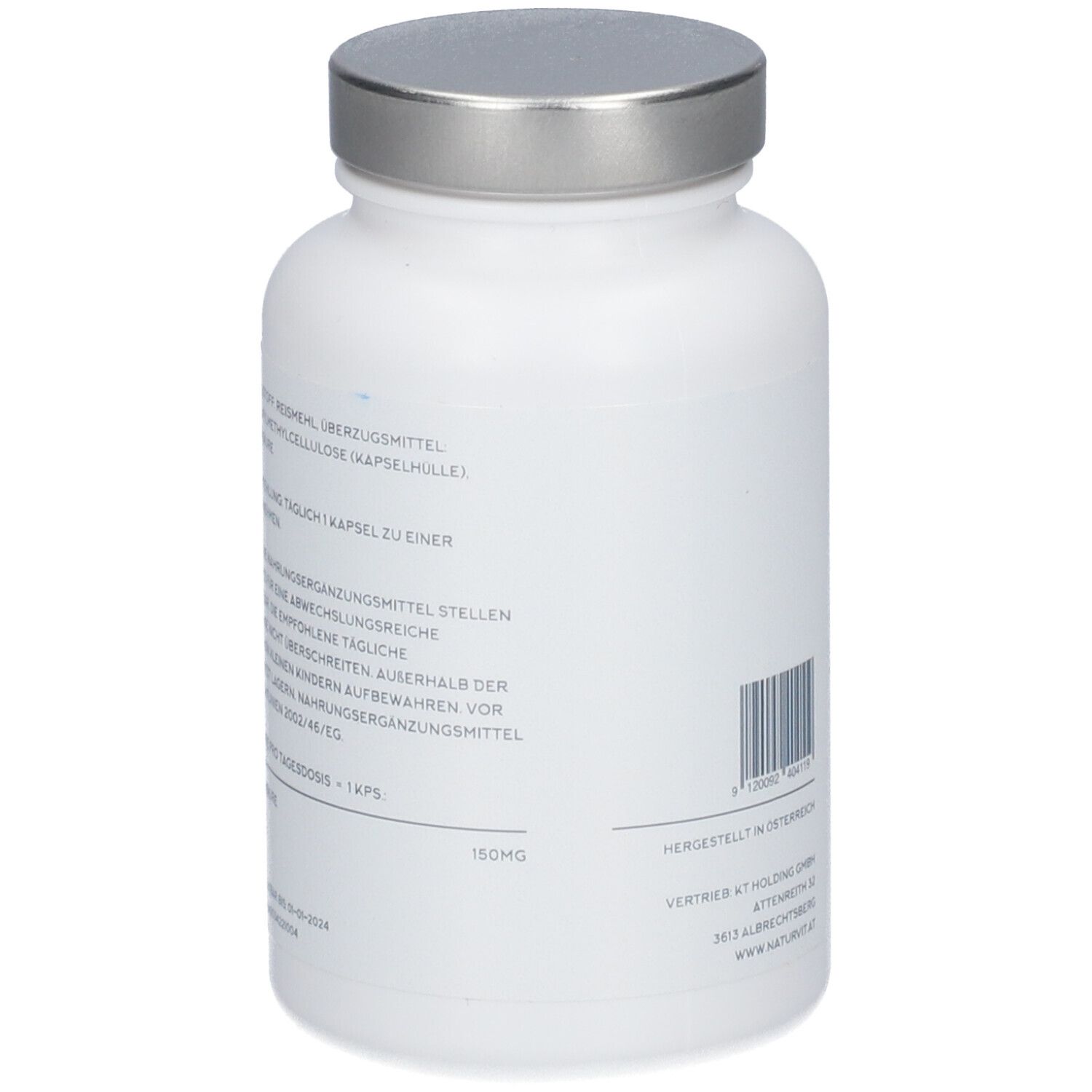 Weiße Flasche, Seitenansicht mit Text. Zutaten, Verzehrempfehlung, Warnhinweise. Barcode und Hergestellt in Österreich.