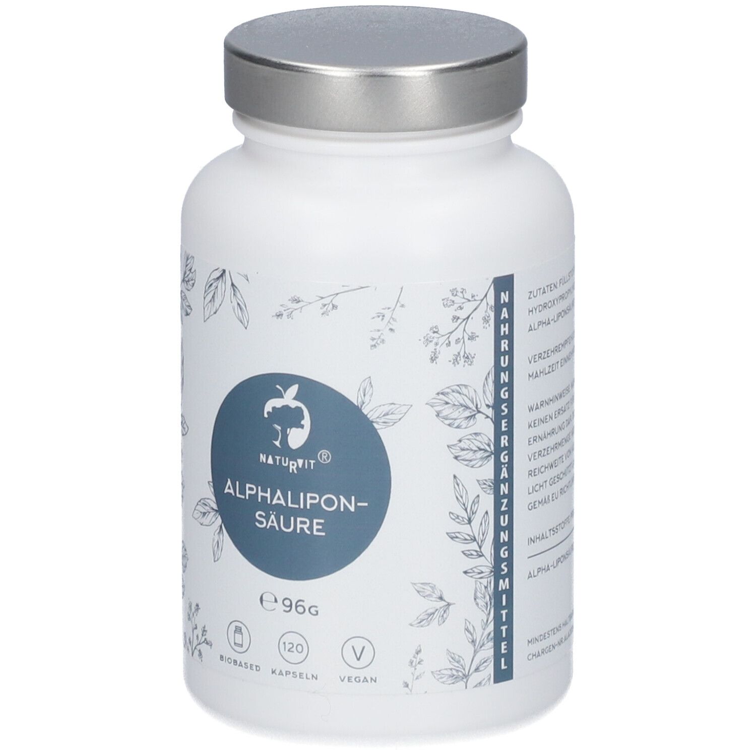 Weiße Flasche mit silbernem Deckel. Aufschrift: NATURVIT® ALPHALIPONSÄURE. Blaue Kreise mit Logos und Text. 120 Kapseln, vegan.