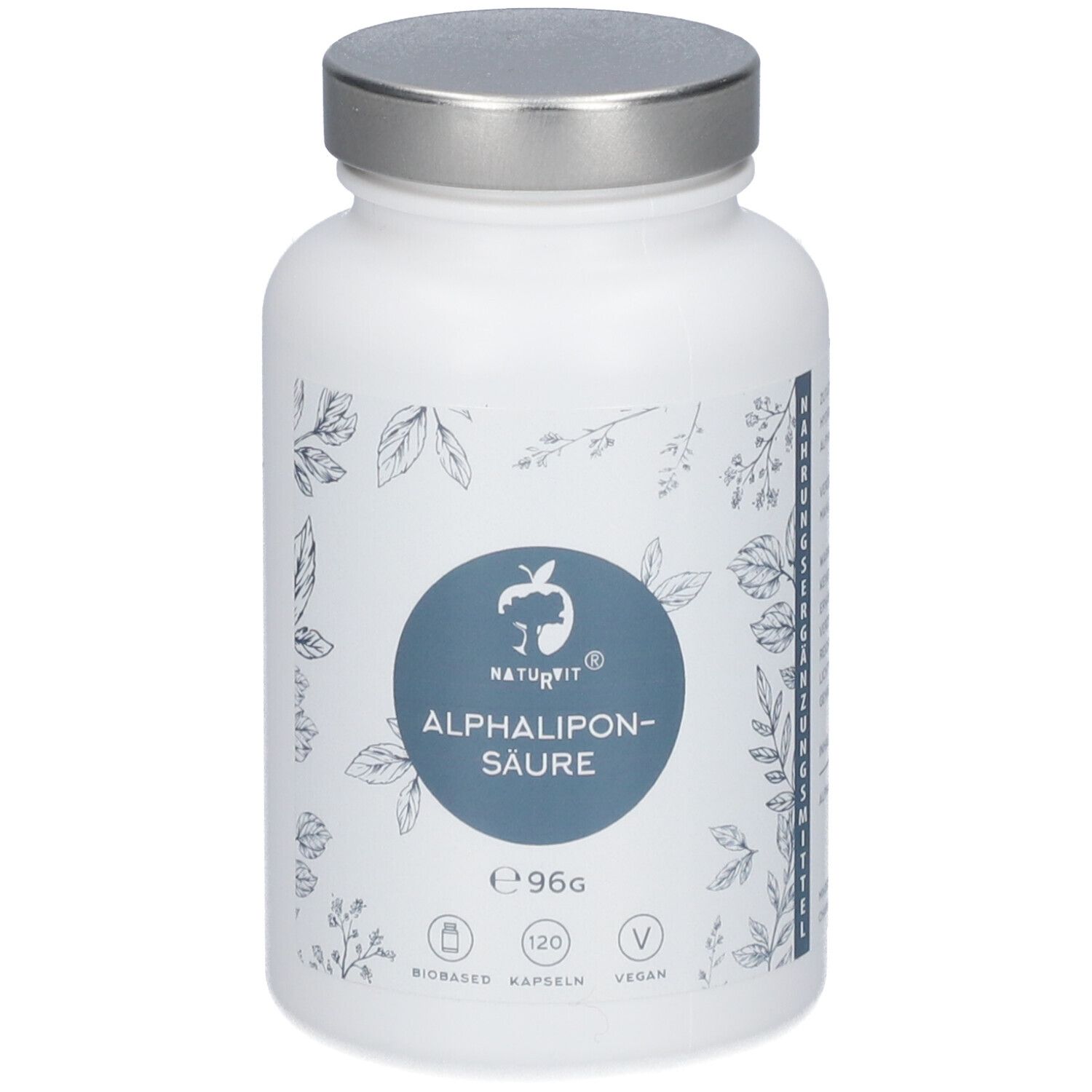 Weiße Flasche mit silbernem Deckel. Aufschrift: NATURVIT® ALPHALIPONSÄURE. Blaue Kreise mit Logos und Text. 120 Kapseln, vegan.