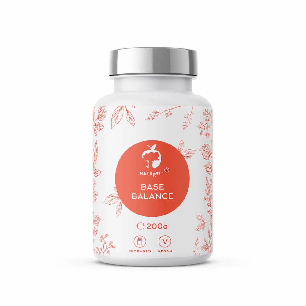 Weiße Dose mit rotem Etikett. Aufschrift: NATURVIT® BASE BALANCE, 200g, vegan. Blättermuster.