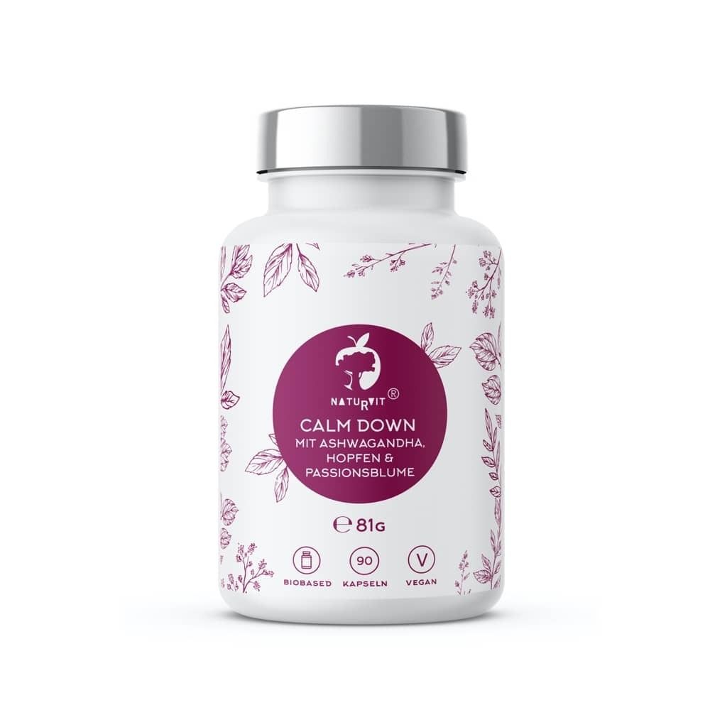Weiße Flasche mit silbernem Deckel. Runder Aufkleber mit Produktname und Logo. Enthält 90 Kapseln. Vegan.
