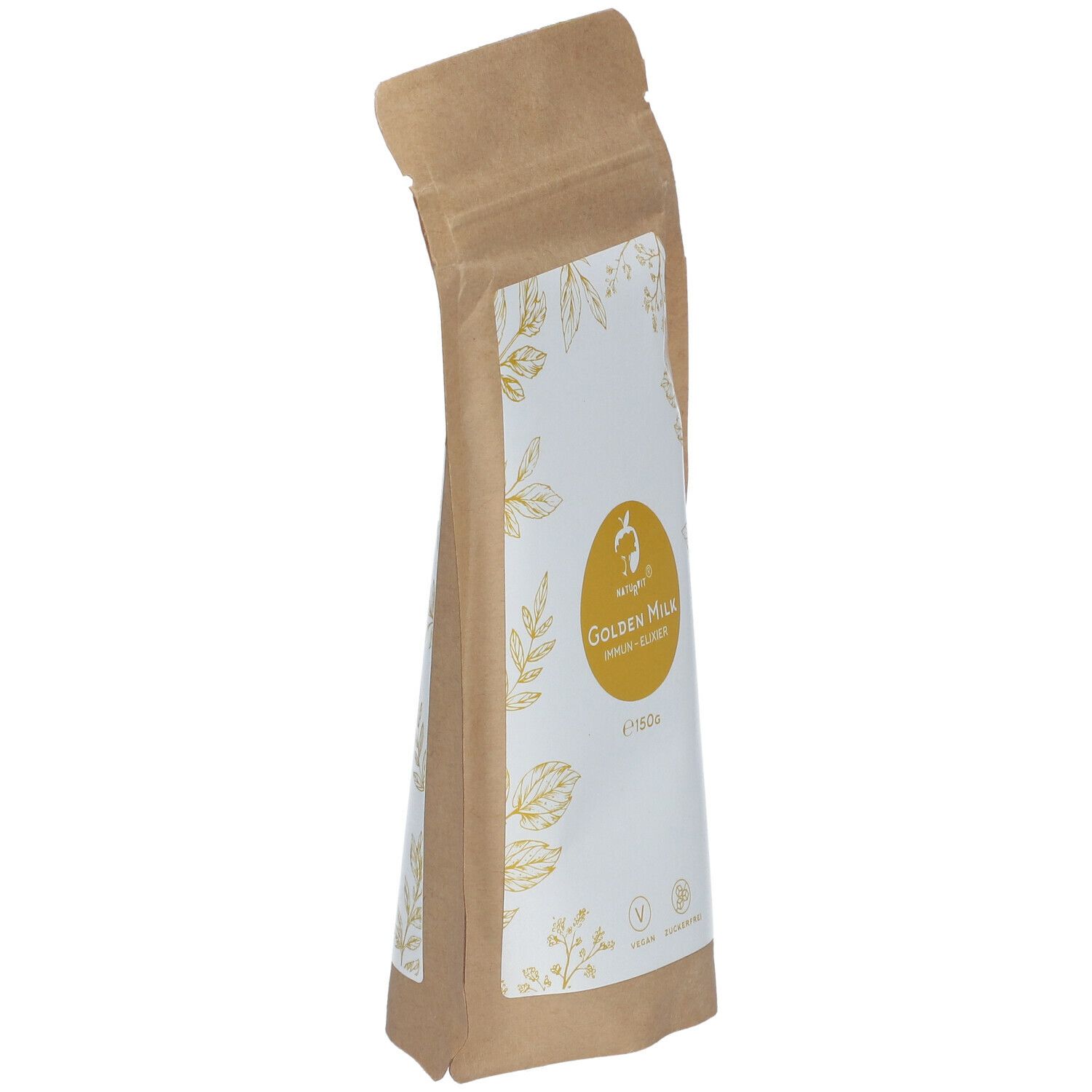 Schräg stehender Beutel mit "Golden Milk". Braune Verpackung mit weißem Etikett. Logo und Produktname sichtbar.