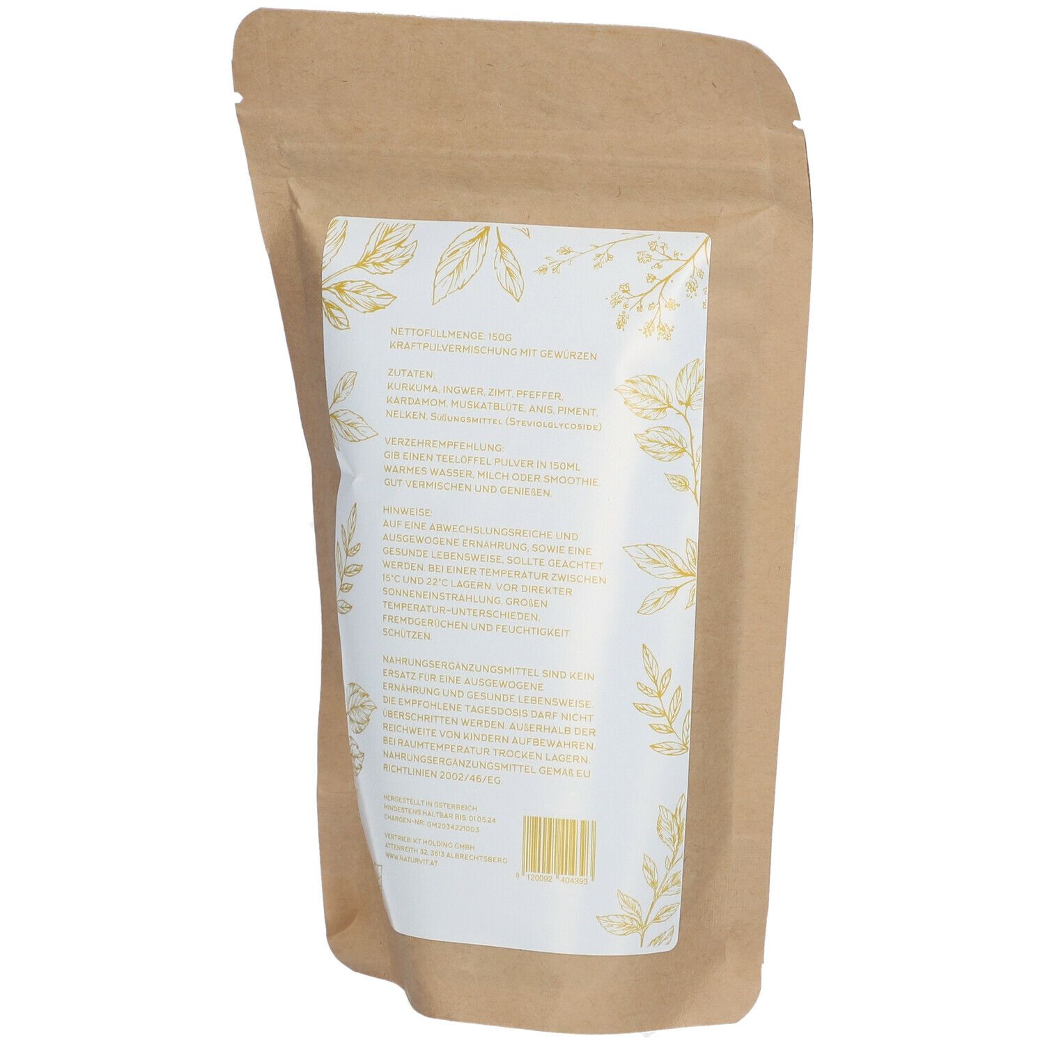 Rückseite eines Beutels mit "Golden Milk". Text auf weißem Etikett. Braune Verpackung. Barcode unten.