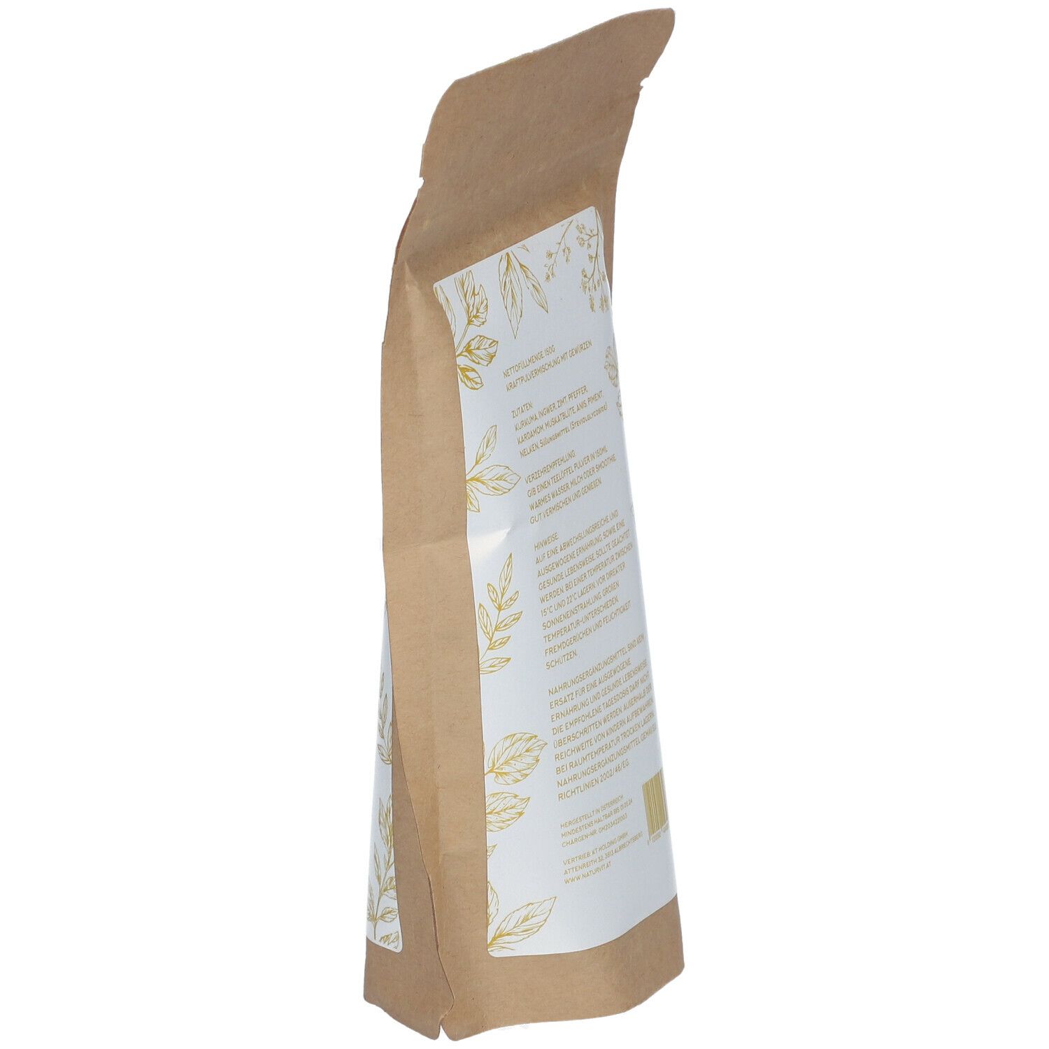 Seitenansicht eines Beutels mit "Golden Milk". Braune Verpackung mit weißem Etikett. Text sichtbar.