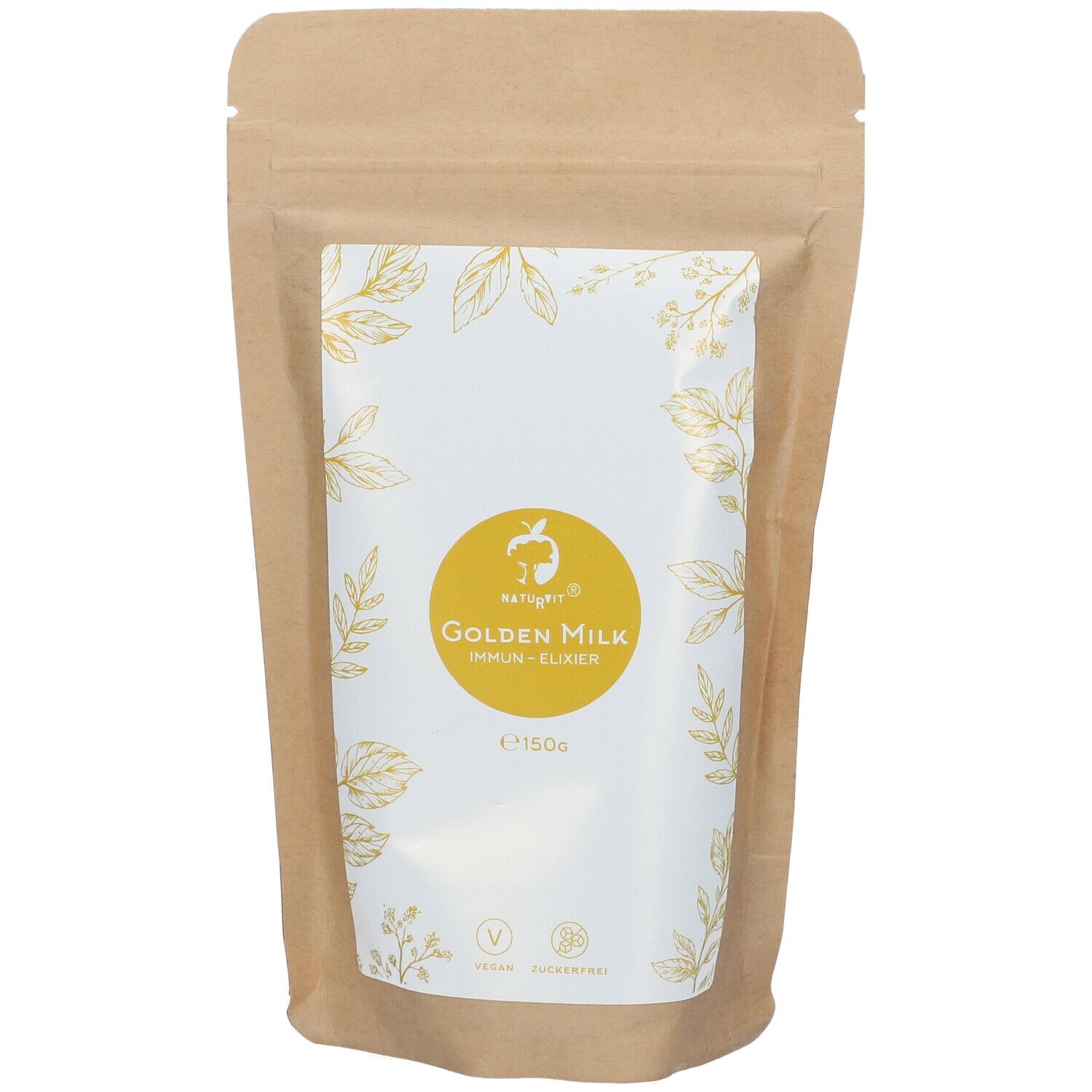 Beutel mit "Golden Milk". Vorderseite mit Logo, Produktname und Inhaltsangabe. Braune Verpackung mit weißem Etikett.
