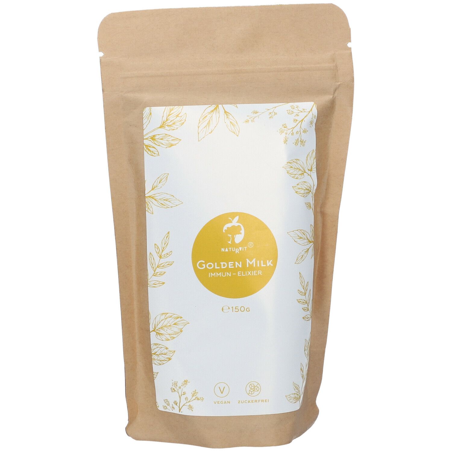 Beutel mit "Golden Milk". Vorderseite mit Logo, Produktname und Inhaltsangabe. Braune Verpackung mit weißem Etikett.