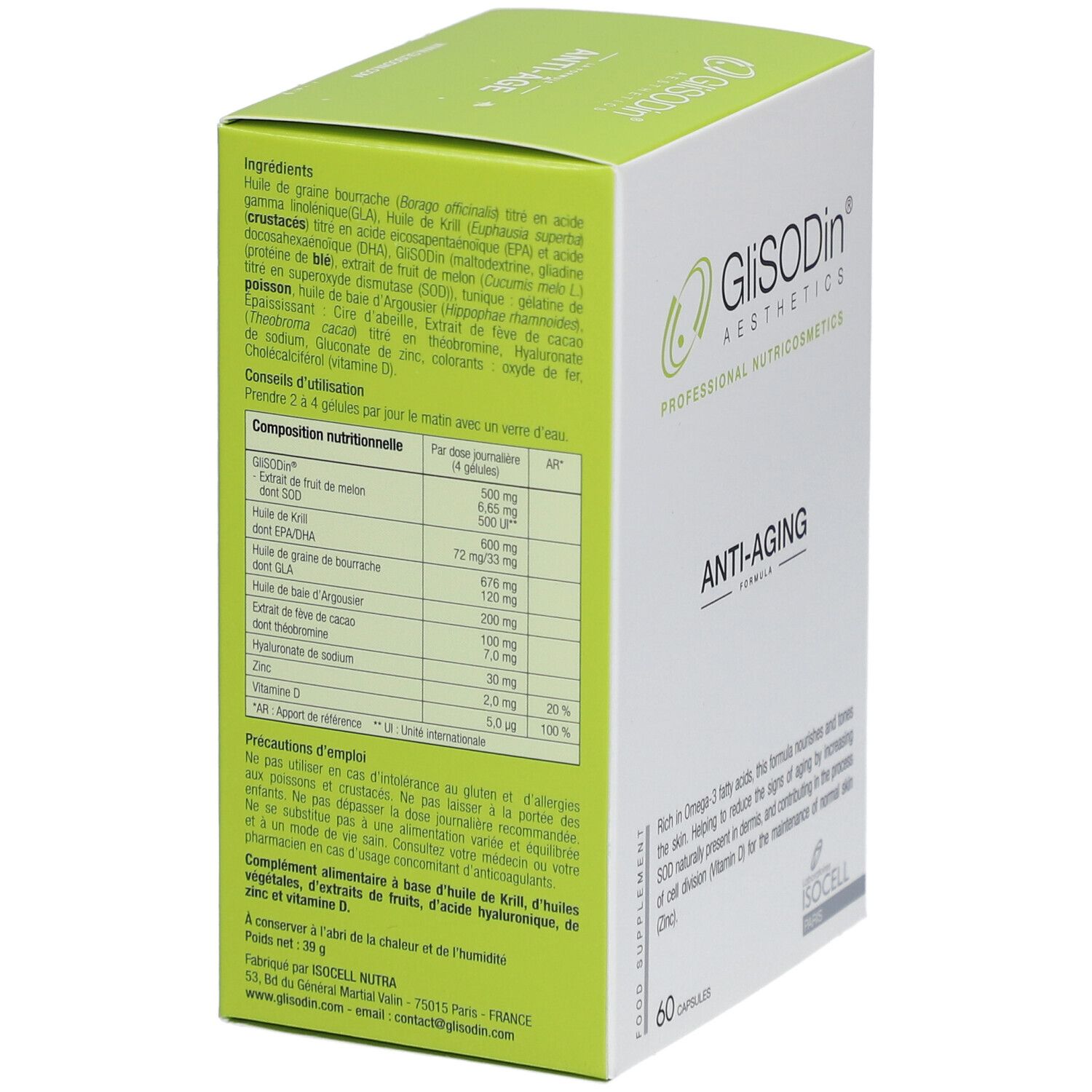Rückseite der GLISODIN Anti-Aging Kapseln-Verpackung. Inhaltsstoffe und Anwendungshinweise.
