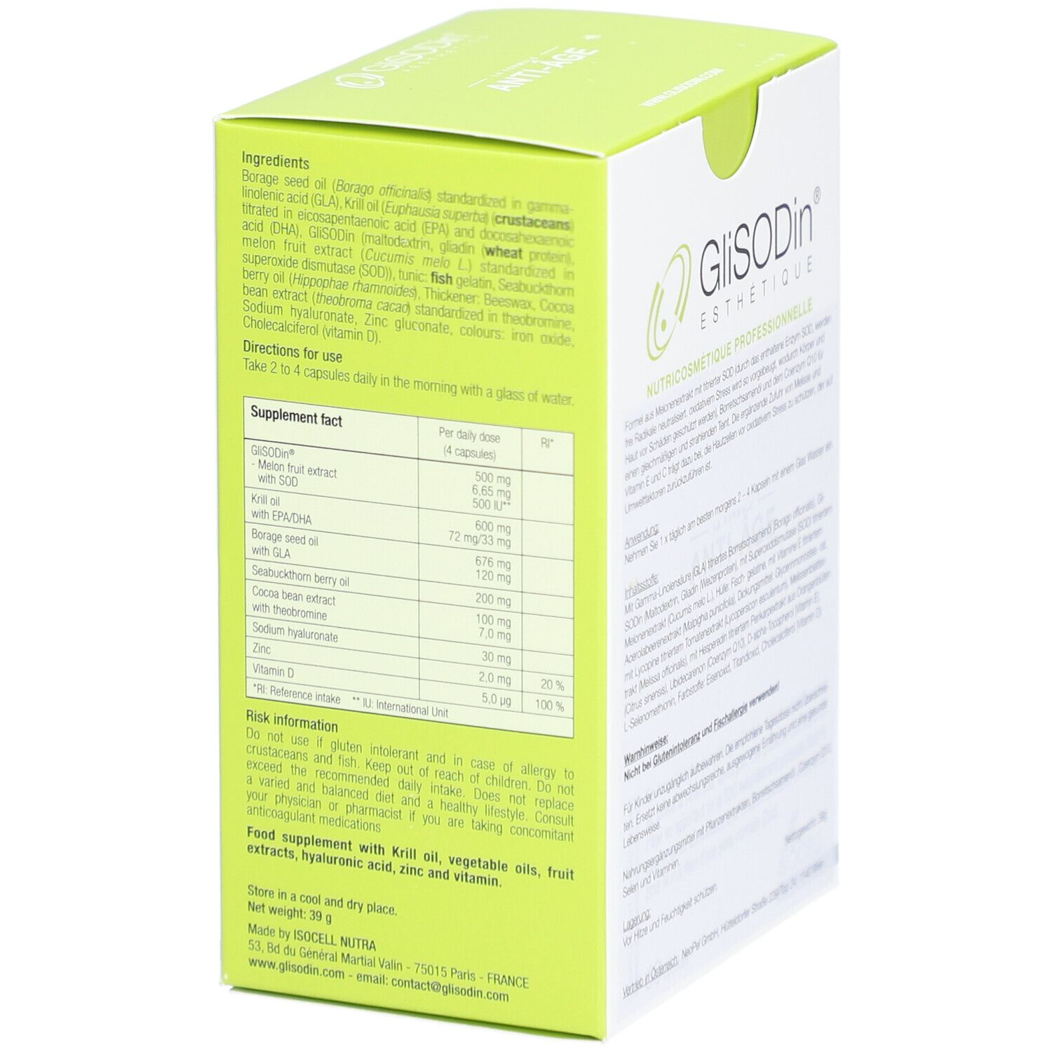 Rückseite der GLISODIN Anti-Aging Kapseln-Verpackung. Inhaltsstoffe und Anwendungshinweise.