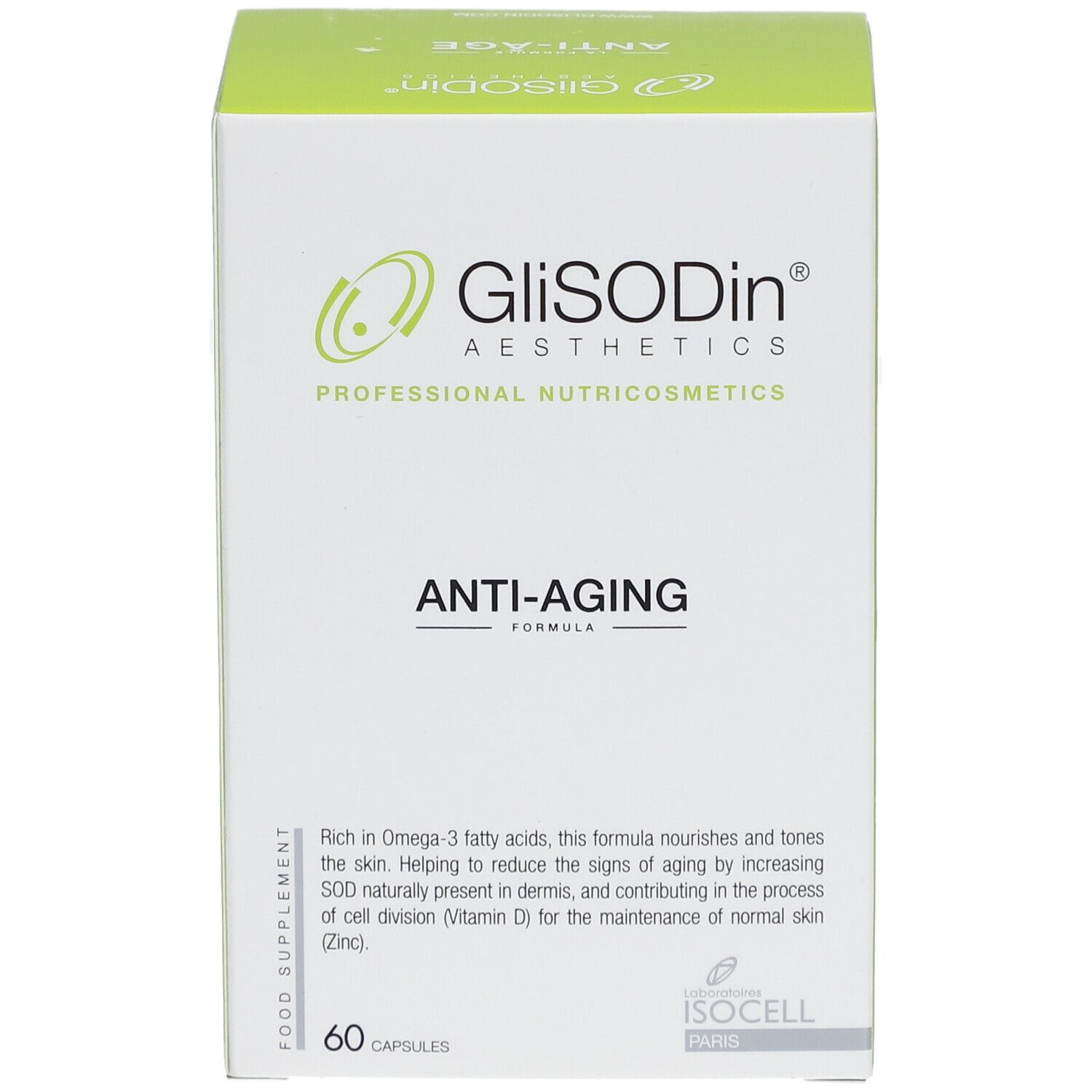 Schachtel mit GLISODIN Anti-Aging Kapseln. Weiß mit grünem Deckel. Schriftzug und Logo. 60 Kapseln.