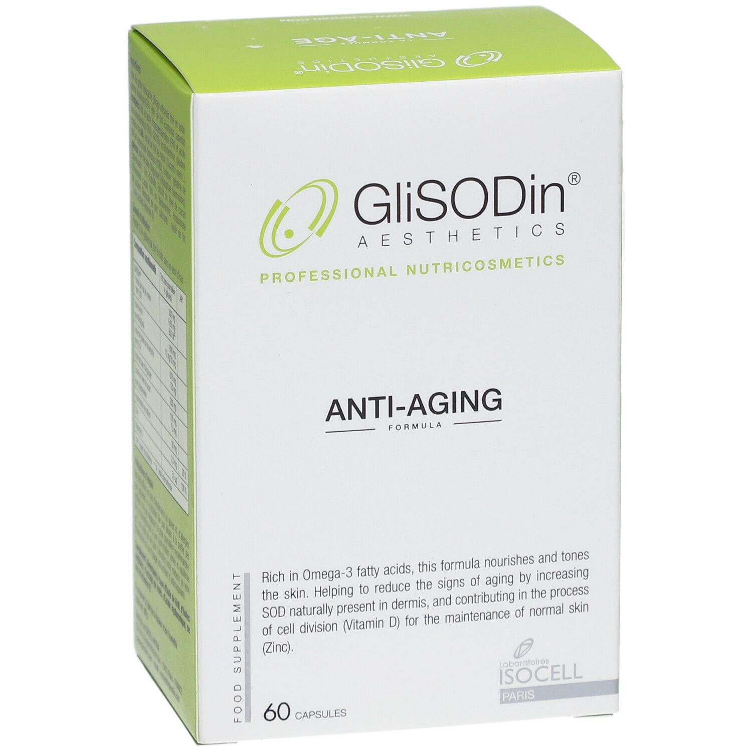 Schachtel mit GLISODIN Anti-Aging Kapseln. Weiß mit grünem Deckel. Schriftzug und Logo. 60 Kapseln.
