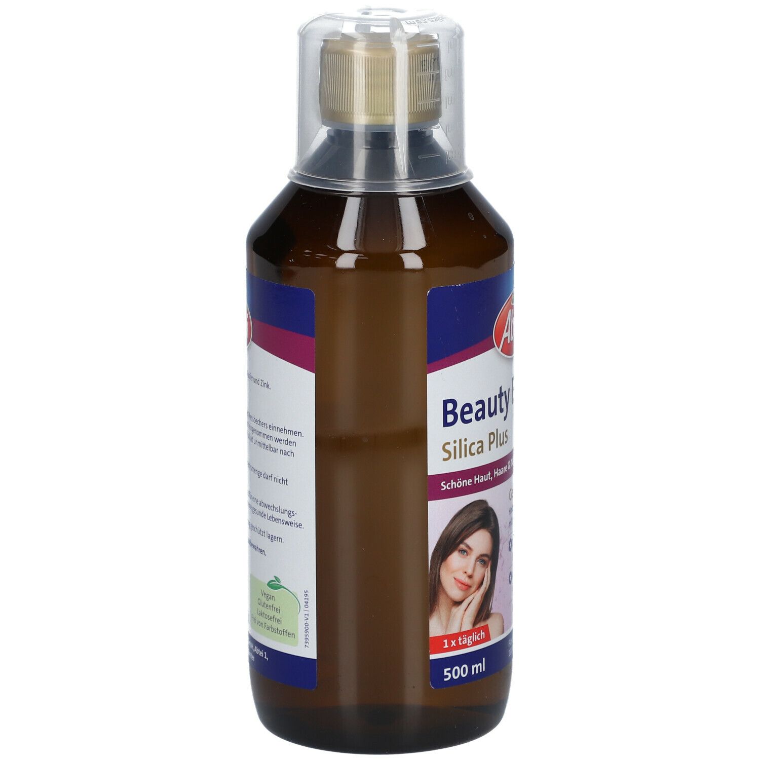 Bouteille marron avec étiquette. Inscription : Abtei Beauty Elixier Silica Plus. Label végan. 500 ml.
