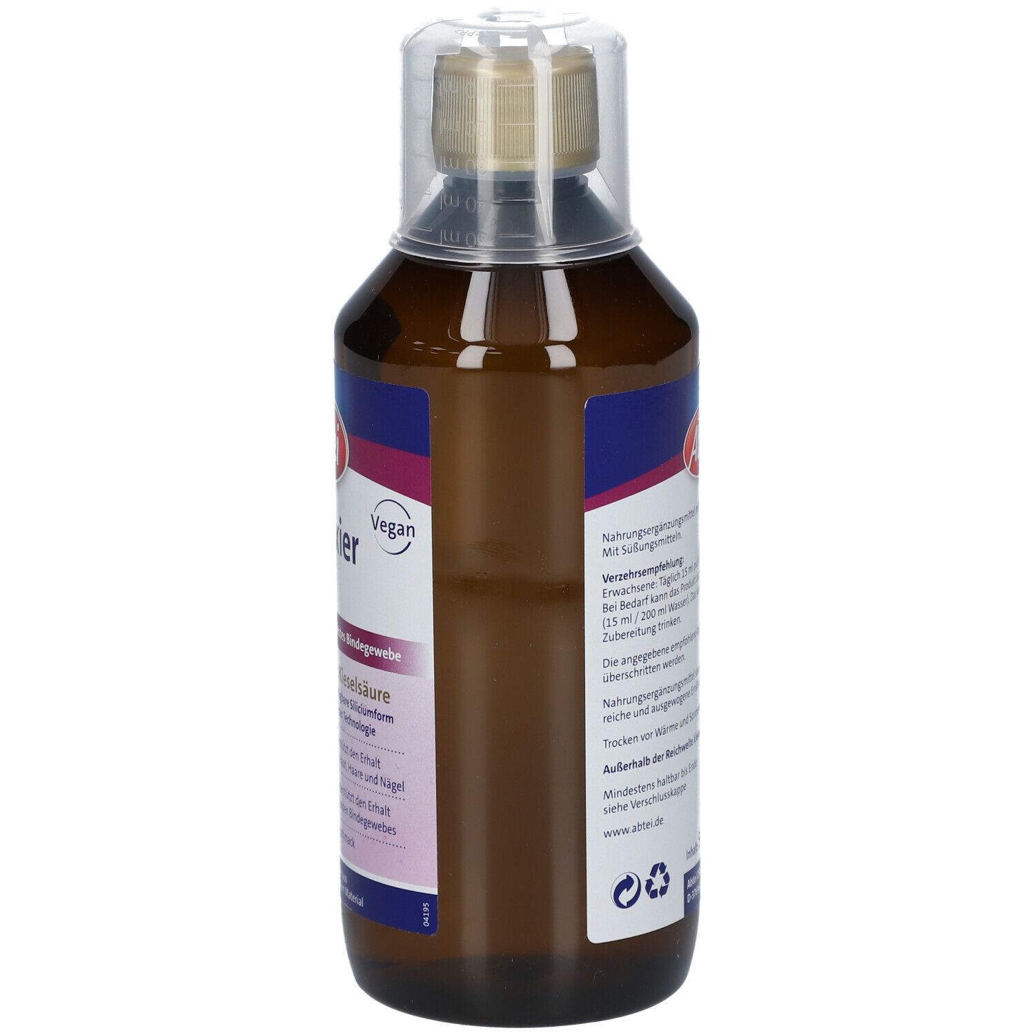 Bouteille marron avec étiquette. Inscription : Abtei Beauty Elixier Silica Plus. Label végan. 500 ml.