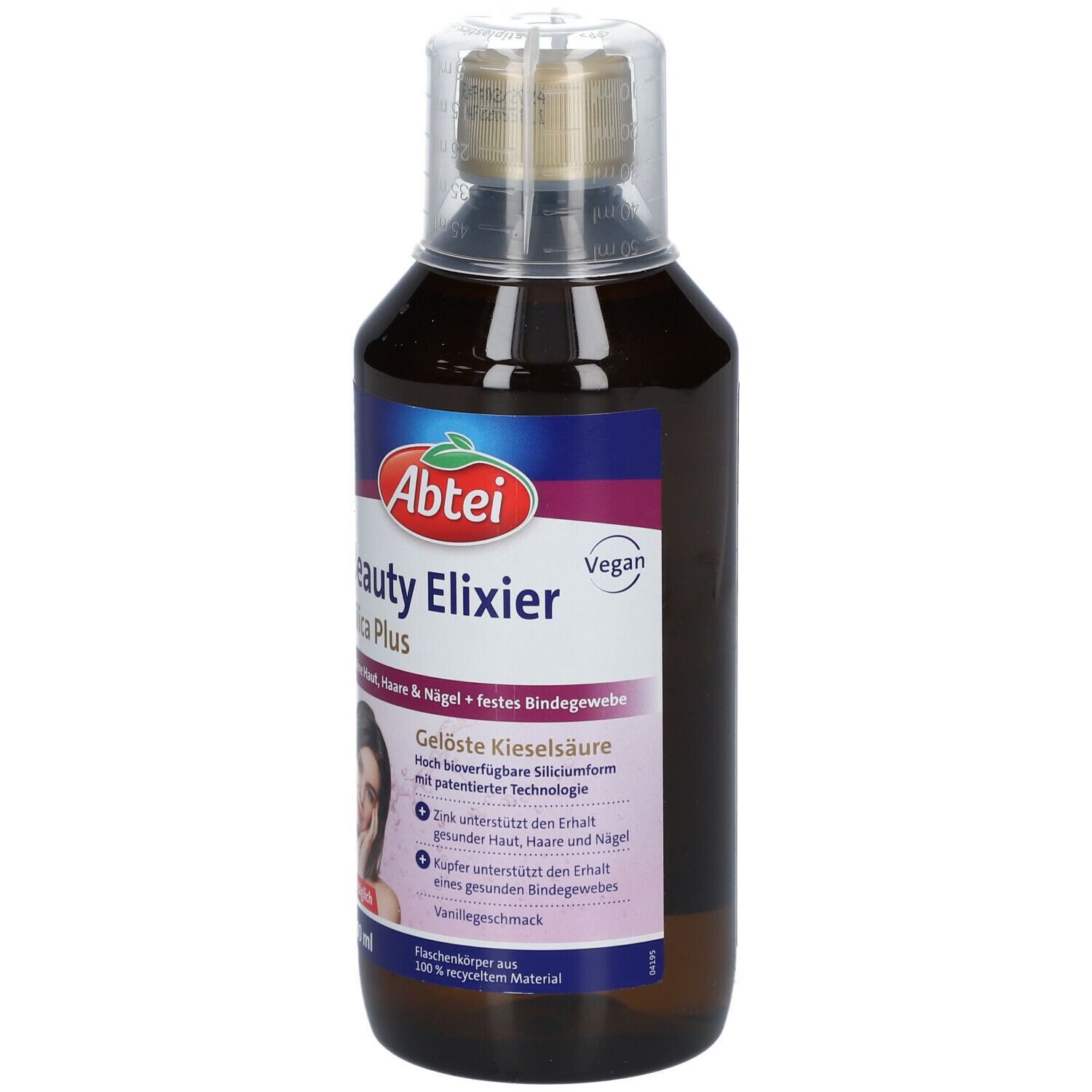 Bouteille marron avec étiquette. Inscription : Abtei Beauty Elixier Silica Plus. Label végan. 500 ml.
