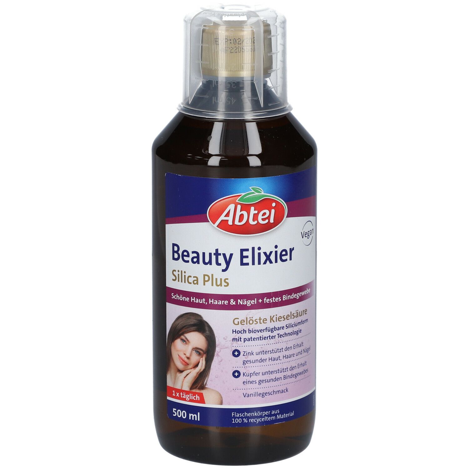 Bouteille marron avec étiquette. Inscription : Abtei Beauty Elixier Silica Plus. Label végan. 500 ml.