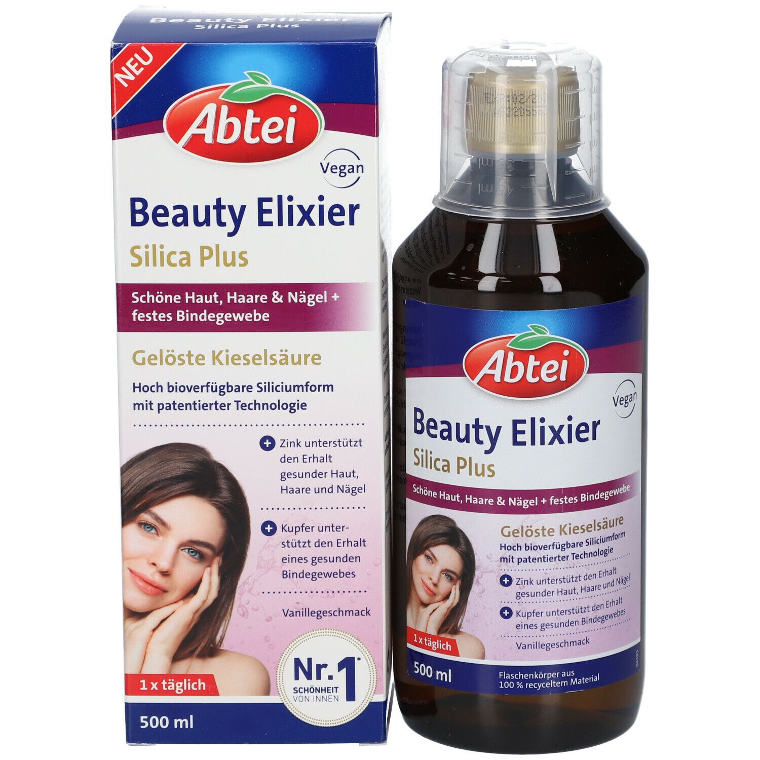 Emballage et bouteille. Inscription : Abtei Beauty Elixier Silica Plus. Label végan. 500 ml. N° 1.