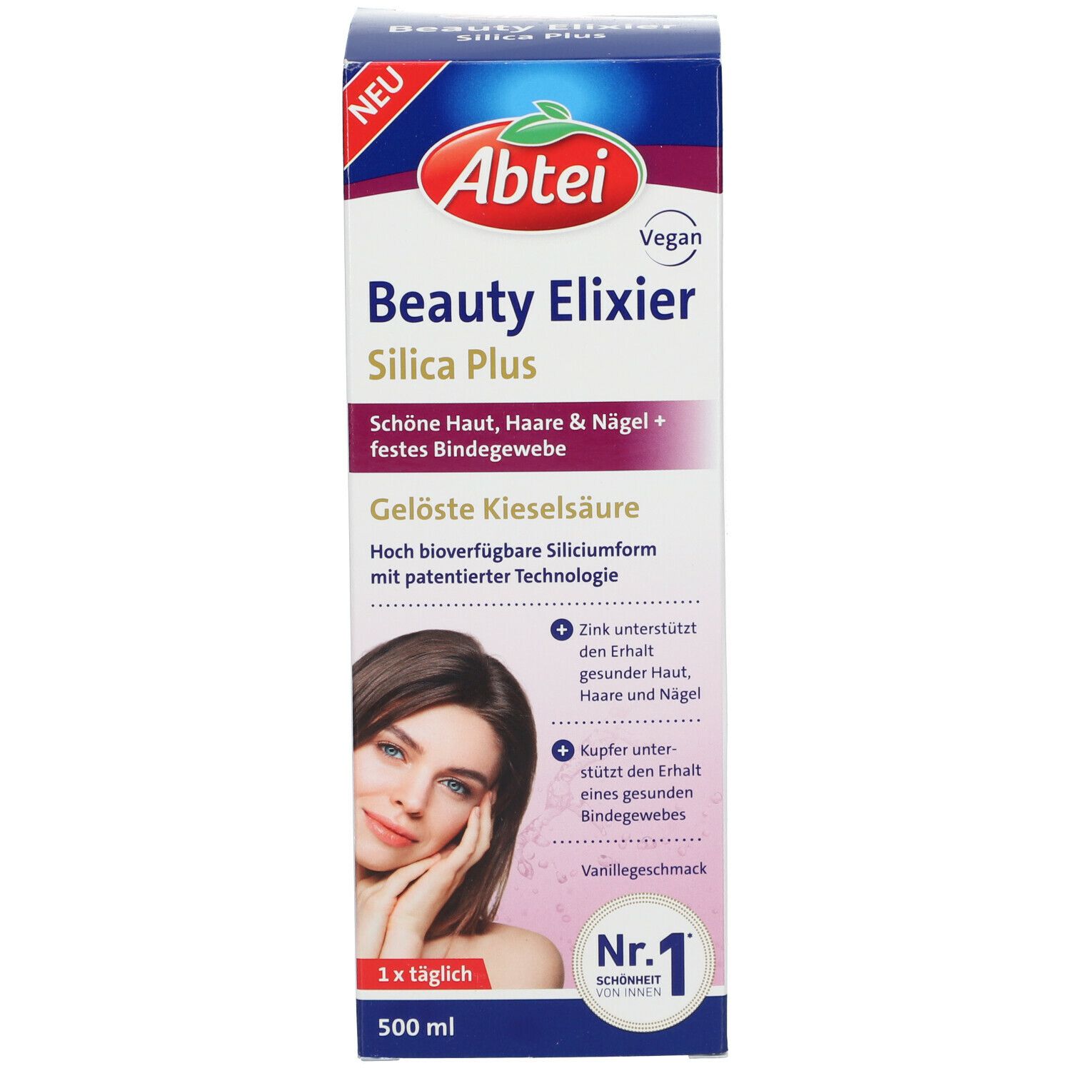Emballage du produit. Inscription : Abtei Beauty Elixier Silica Plus. Label végan. 500 ml. N° 1.