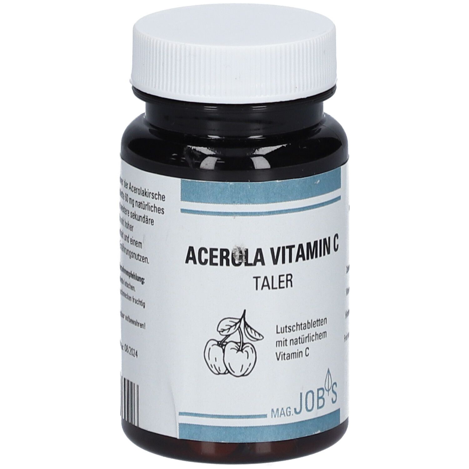 Braune Flasche mit weißem Deckel. Aufschrift: Acerola Vitamin C Taler. Abbildung von Kirschen. Marke: MAG. JOB's. Lutscher-Tabletten.