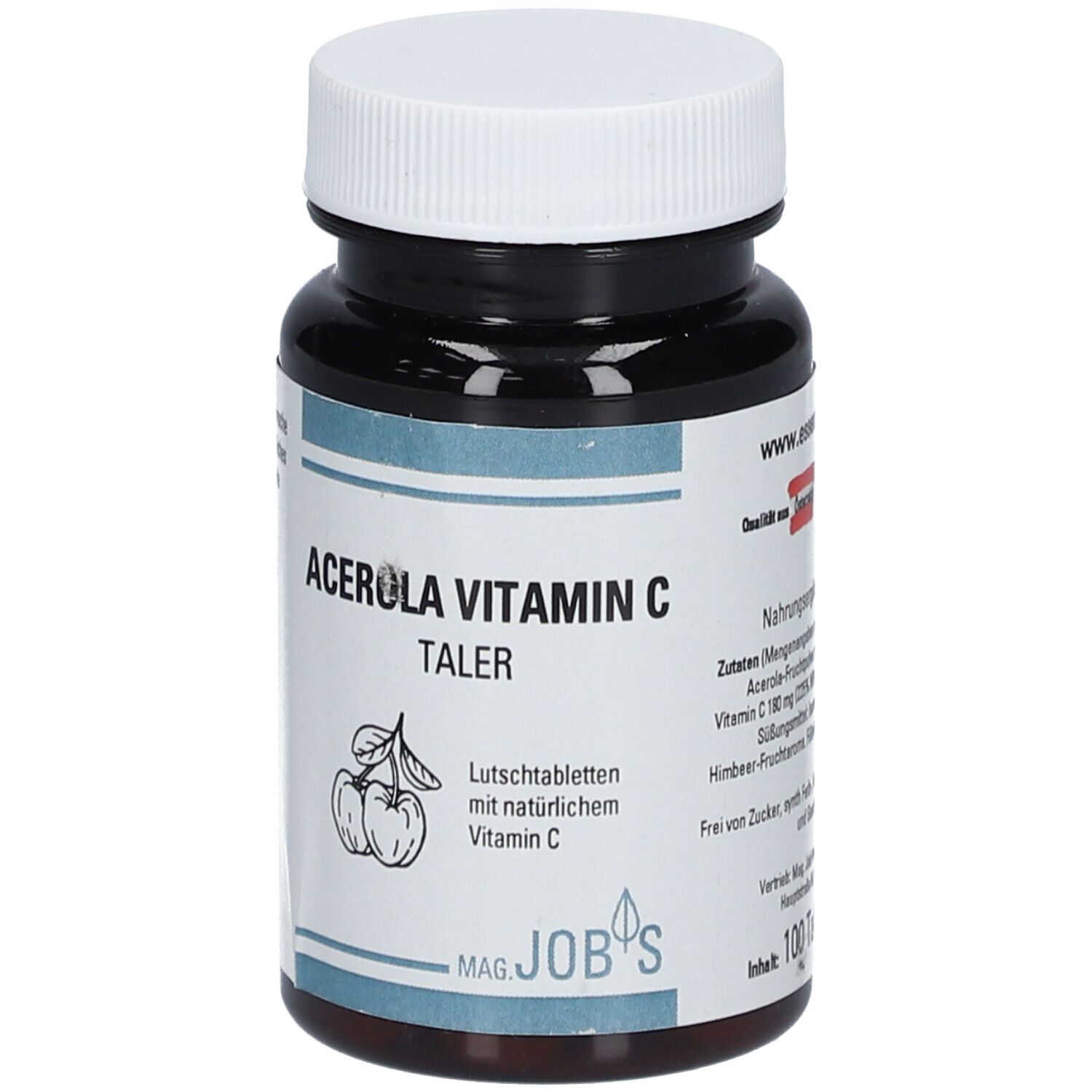 Braune Flasche mit weißem Deckel. Aufschrift: Acerola Vitamin C Taler. Abbildung von Kirschen. Marke: MAG. JOB's. 100 Tabletten.
