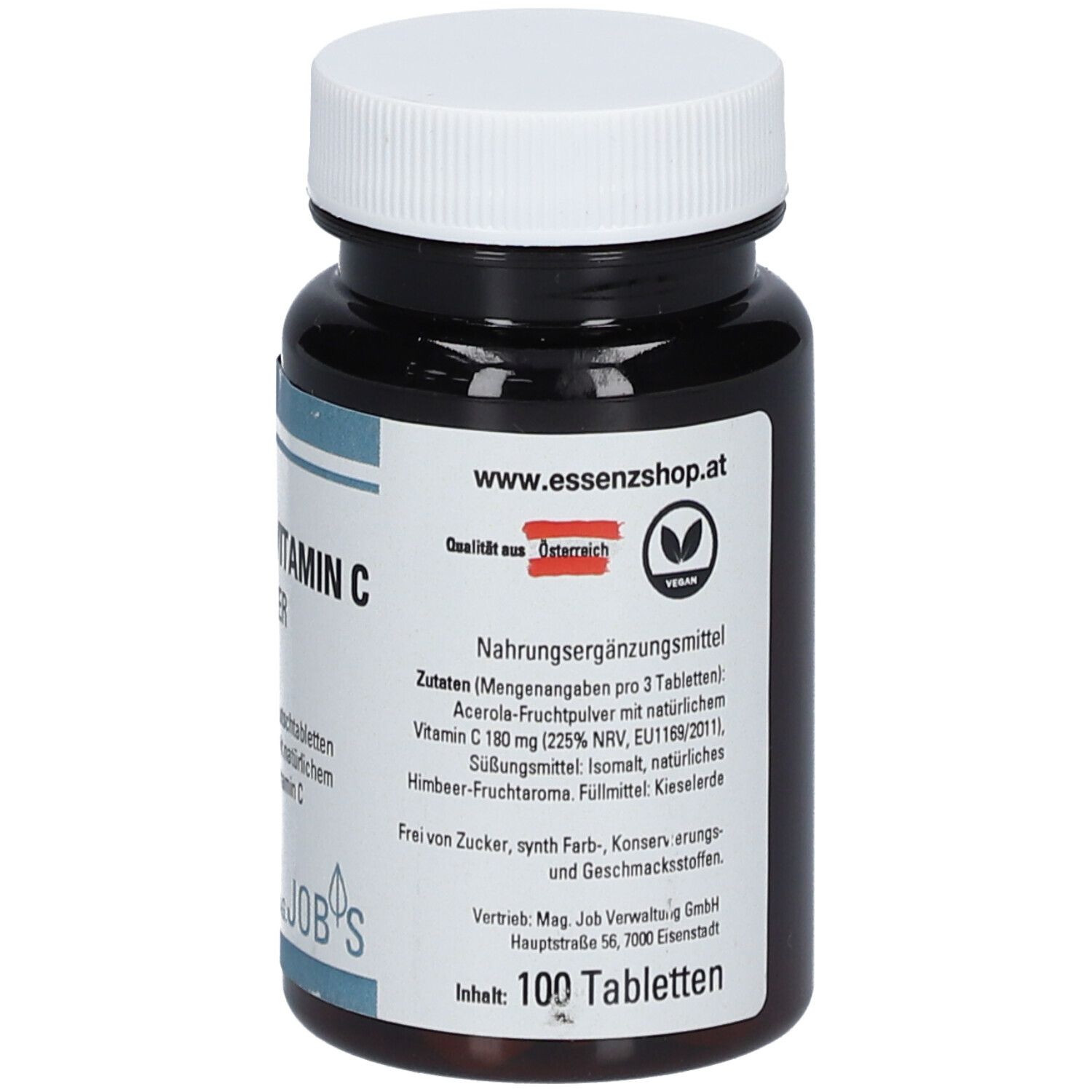 Rückseite einer braunen Flasche mit weißem Deckel. Textinformationen, Inhaltsstoffe, 100 Tabletten. Vegan-Siegel. Qualität aus Österreich.