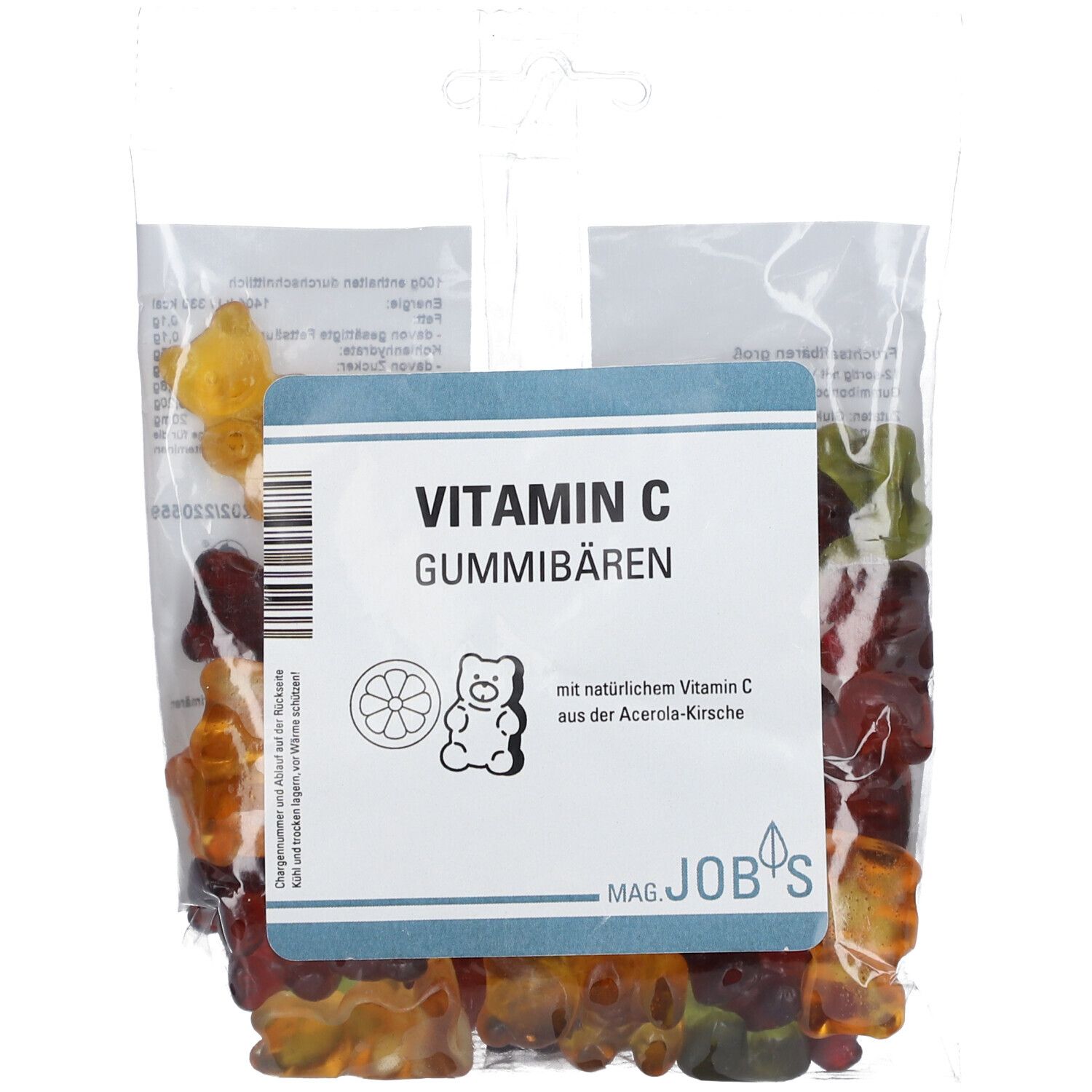 Gummibärchen in transparenter Verpackung. Aufkleber mit "Vitamin C Gummibären" und Illustration.