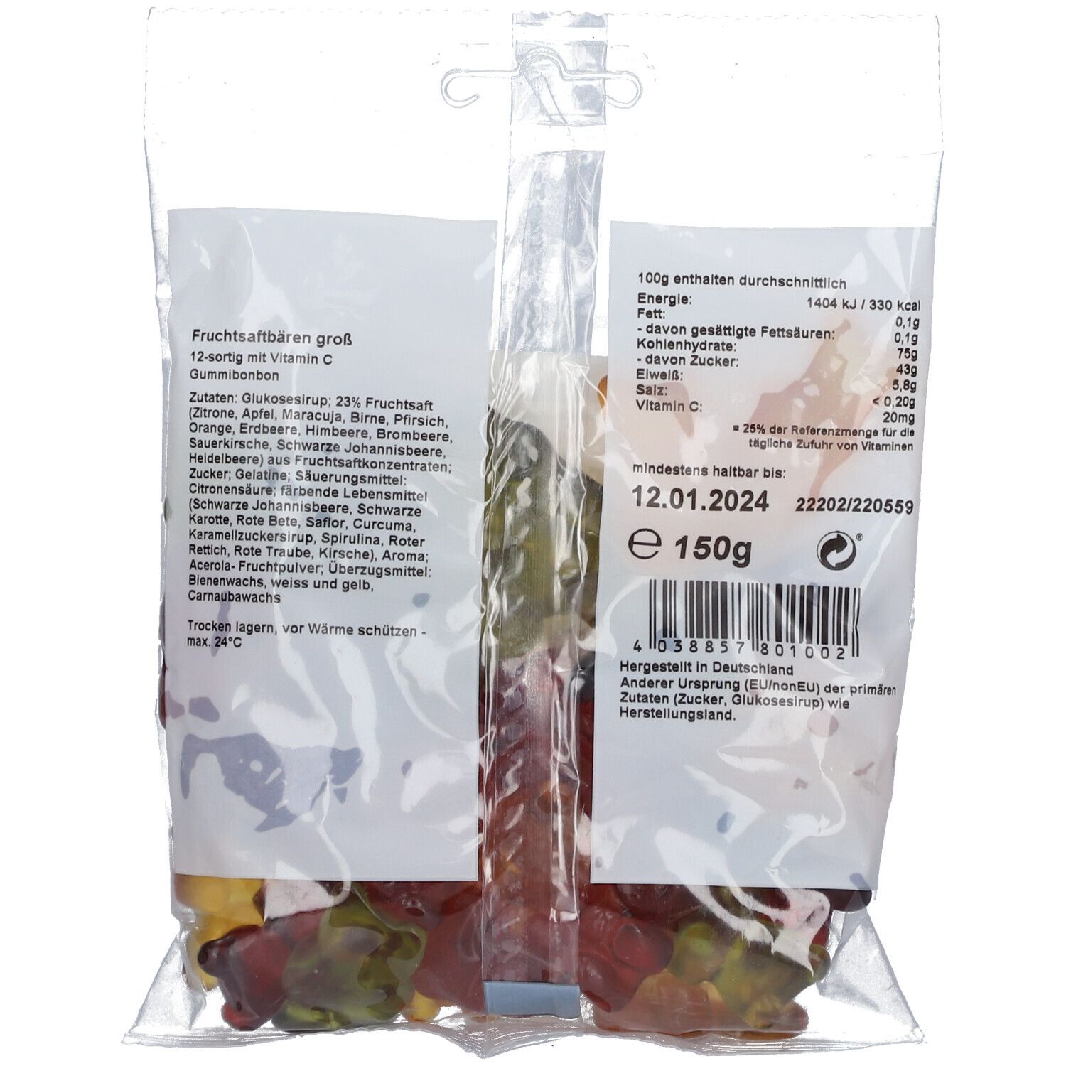 Rückseite der Gummibärchen-Verpackung. Enthält Informationen zu Zutaten, Nährwerten und Mindesthaltbarkeit.