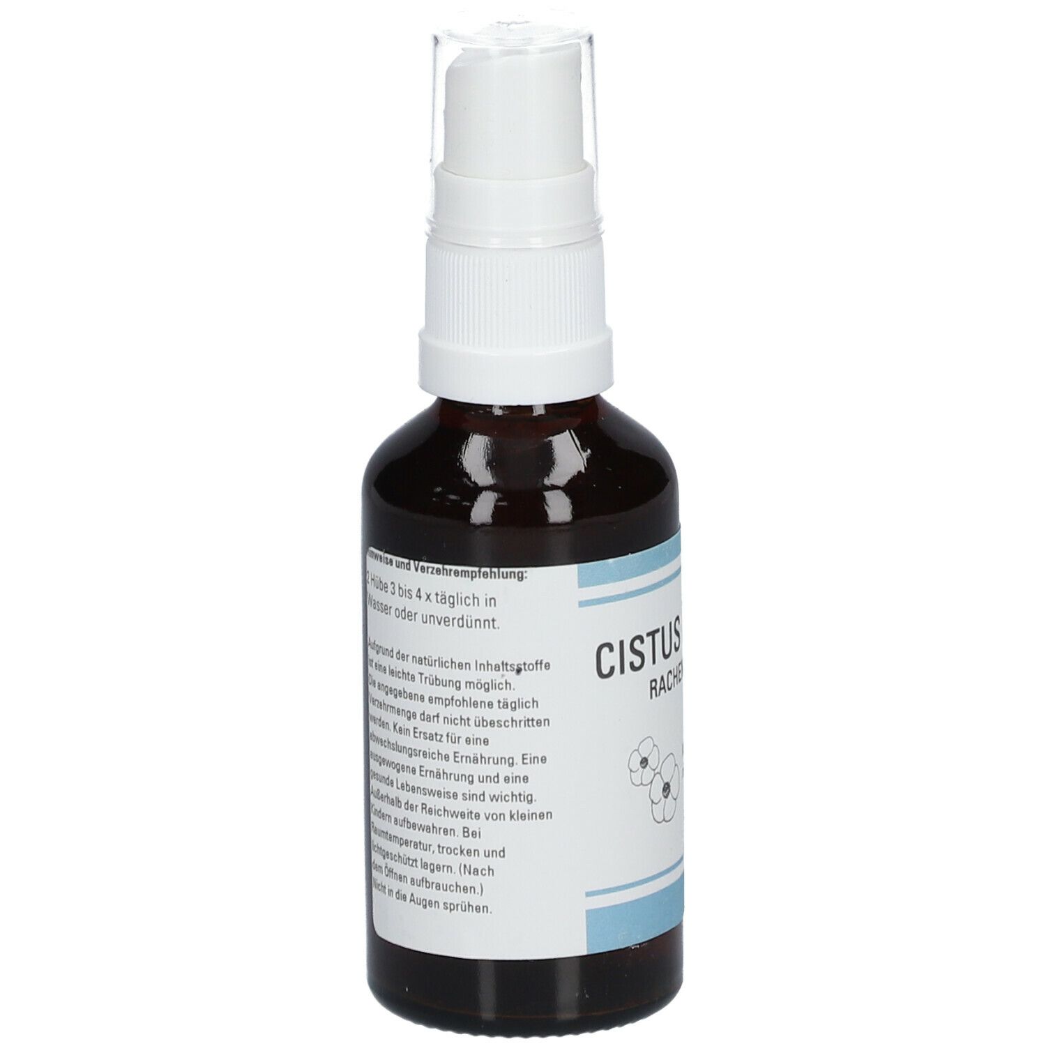 Braune Glasflasche mit weißem Sprühkopf. Etikett mit Text und Informationen. Cistus Immun Rachenspray. Rückansicht.