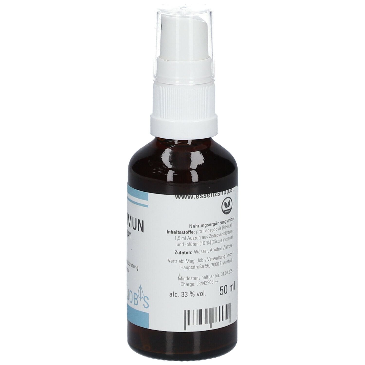 Braune Glasflasche mit weißem Sprühkopf. Etikett mit Text und Informationen. 50 ml. Alkoholgehalt 33%.