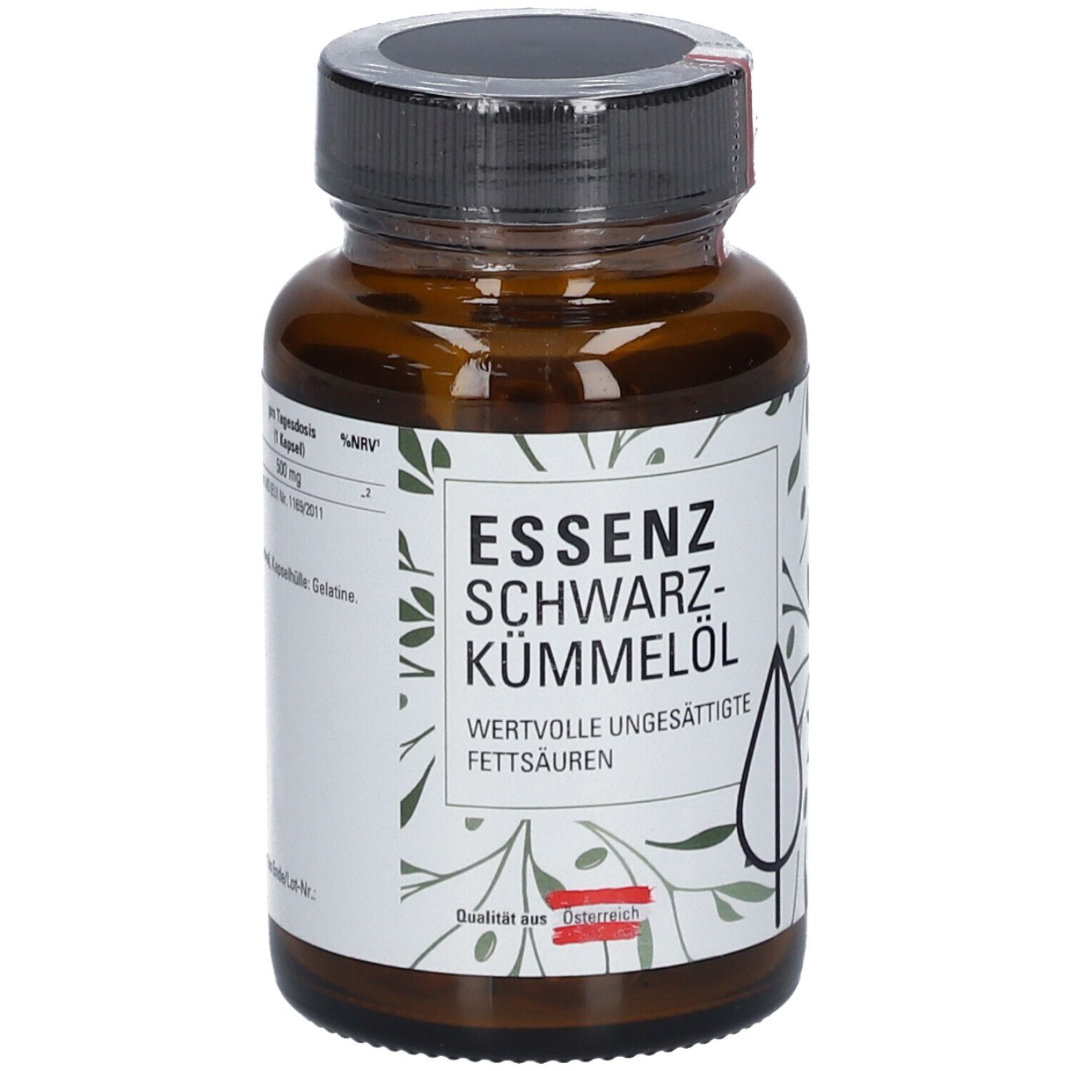 Braune Glasflasche mit schwarzen Kapseln. Aufschrift: Essenz Schwarzkümmelöl. Etikett mit Blättern und Text. Deckel mit rotem Streifen.