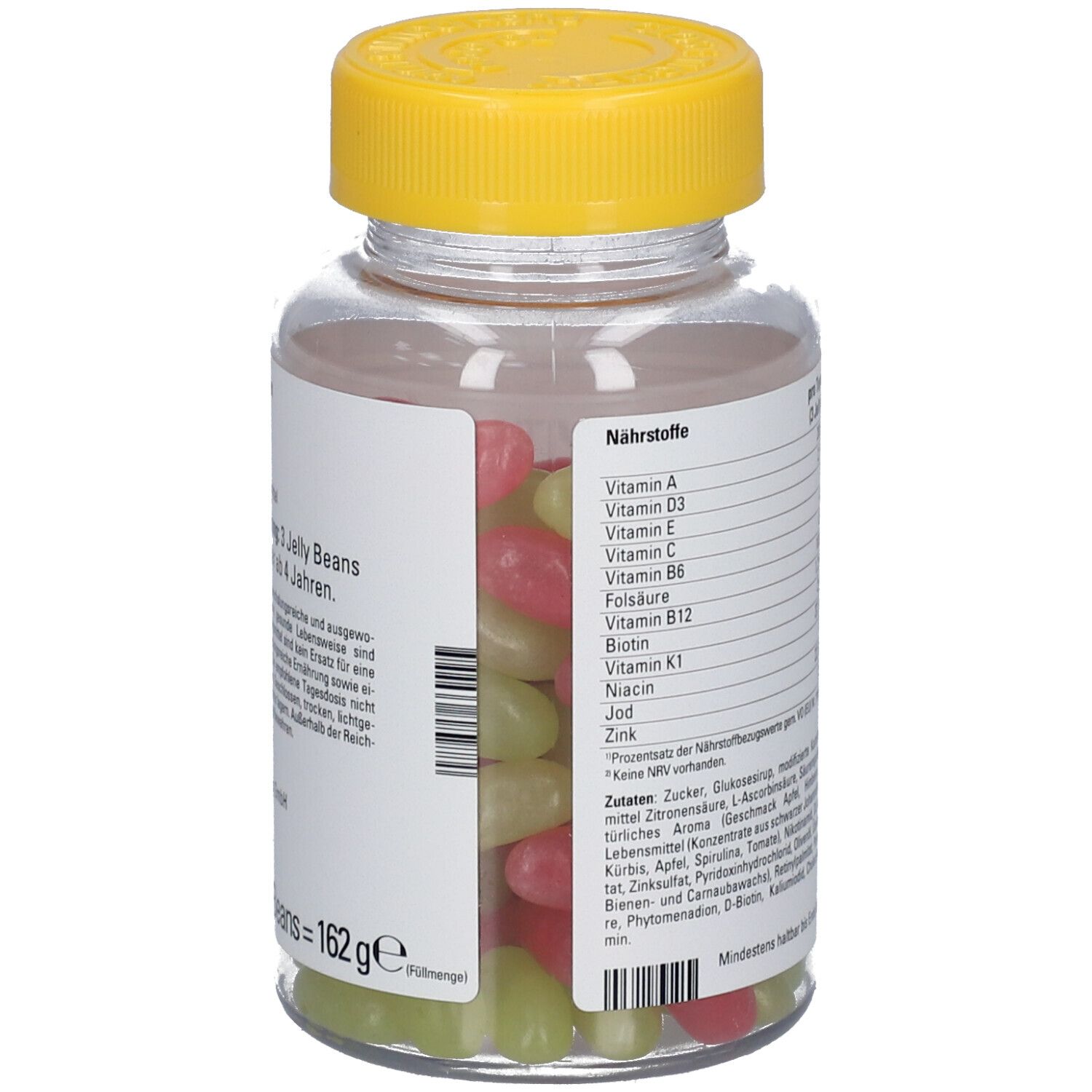 Rückansicht der Flasche. Etikett mit Nährstofftabelle. Enthält Vitamine und Mineralstoffe.  Hinweis: Für Kinder ab 4 Jahren.