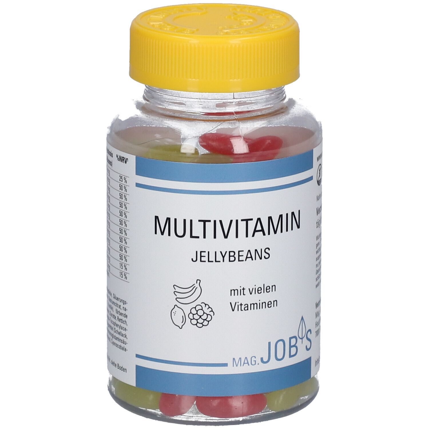 Klare Glasflasche mit gelbem Deckel. Aufkleber mit "MULTIVITAMIN JELLYBEANS".  Enthält bunte Geleebohnen. Marke: Mag. Job's.