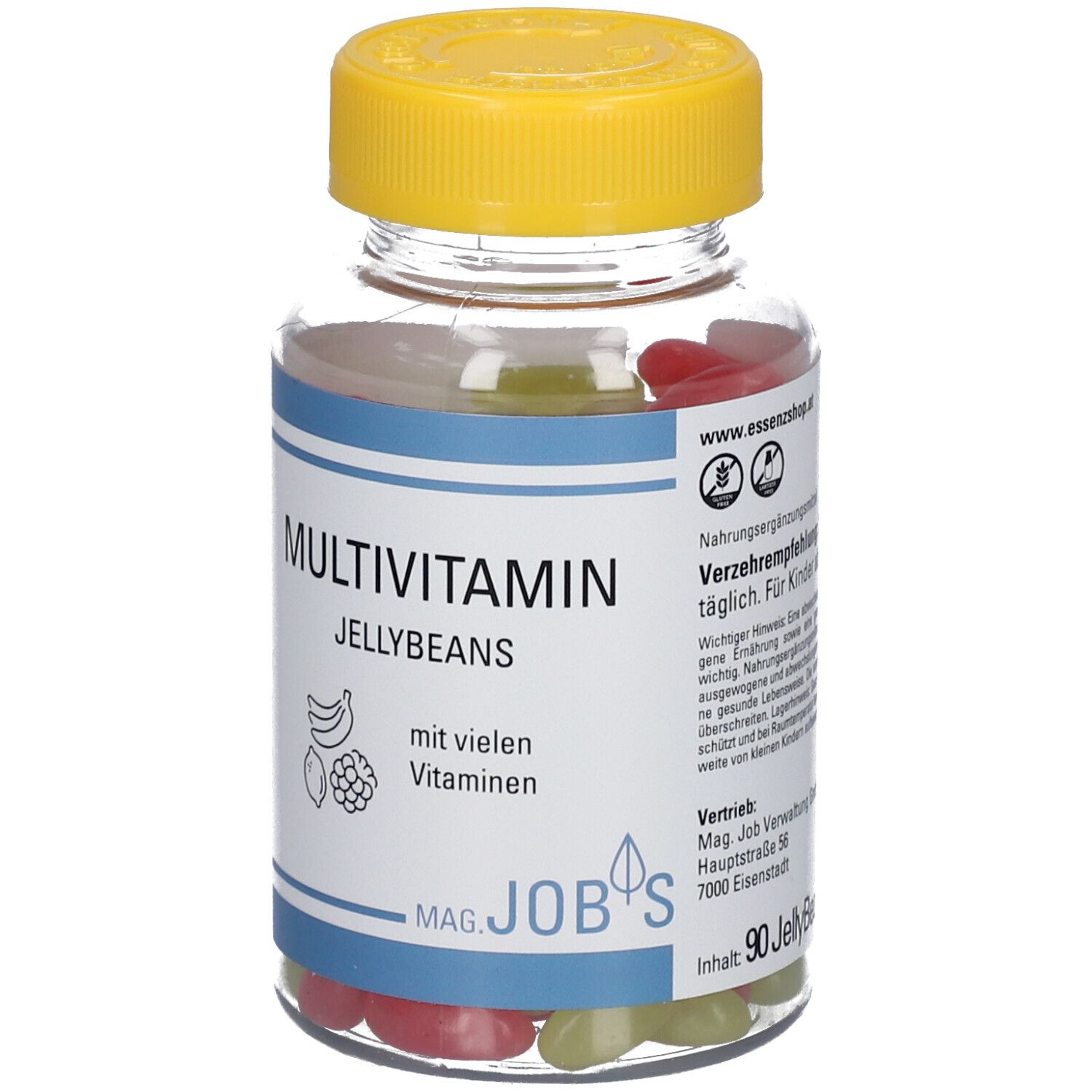 Klare Glasflasche mit gelbem Deckel. Aufkleber mit "MULTIVITAMIN JELLYBEANS".  Enthält bunte Geleebohnen. Marke: Mag. Job's. 90 Jellybeans.
