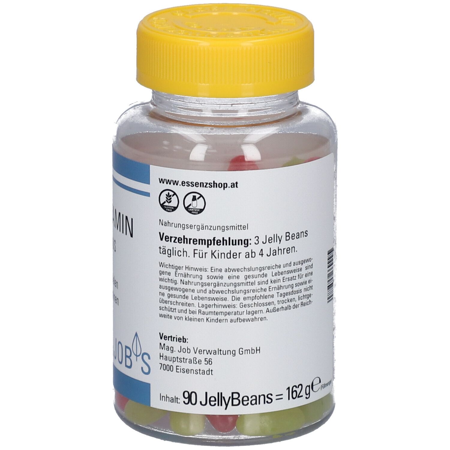 Rückansicht der Flasche. Etikett mit Verzehrempfehlung: 3 Jellybeans täglich.  Inhalt: 90 Jellybeans = 162g.  Herstellerinformationen.