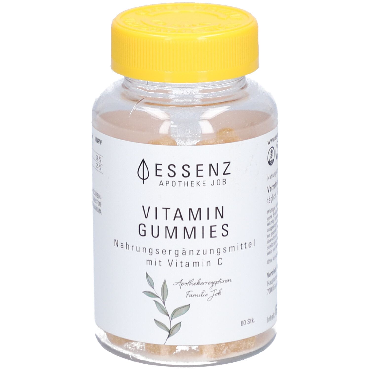 Klare Glasflasche mit gelbem Deckel. Aufschrift: ESSENZ, Vitamin Gummies, Nahrungsergänzungsmittel mit Vitamin C. 60 Stück.