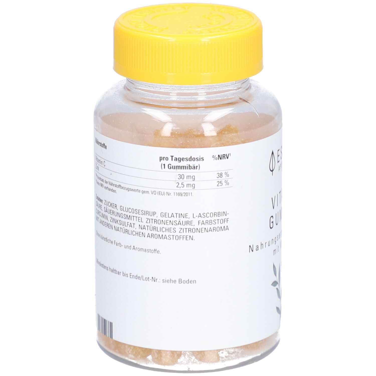Rückseite der Vitamin Gummies Flasche. Enthält Informationen zu Inhaltsstoffen und Nährwerten pro Tagesdosis (1 Gummibär).